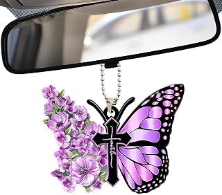 Butterfly Car Hanging Ornament, Butterfly Car Accessories, Cute Car Rear View Mirror Charm, Car Christian Cross Rearview Mirror Hanging Accessories Universal Fit for Men and Women (Purple)