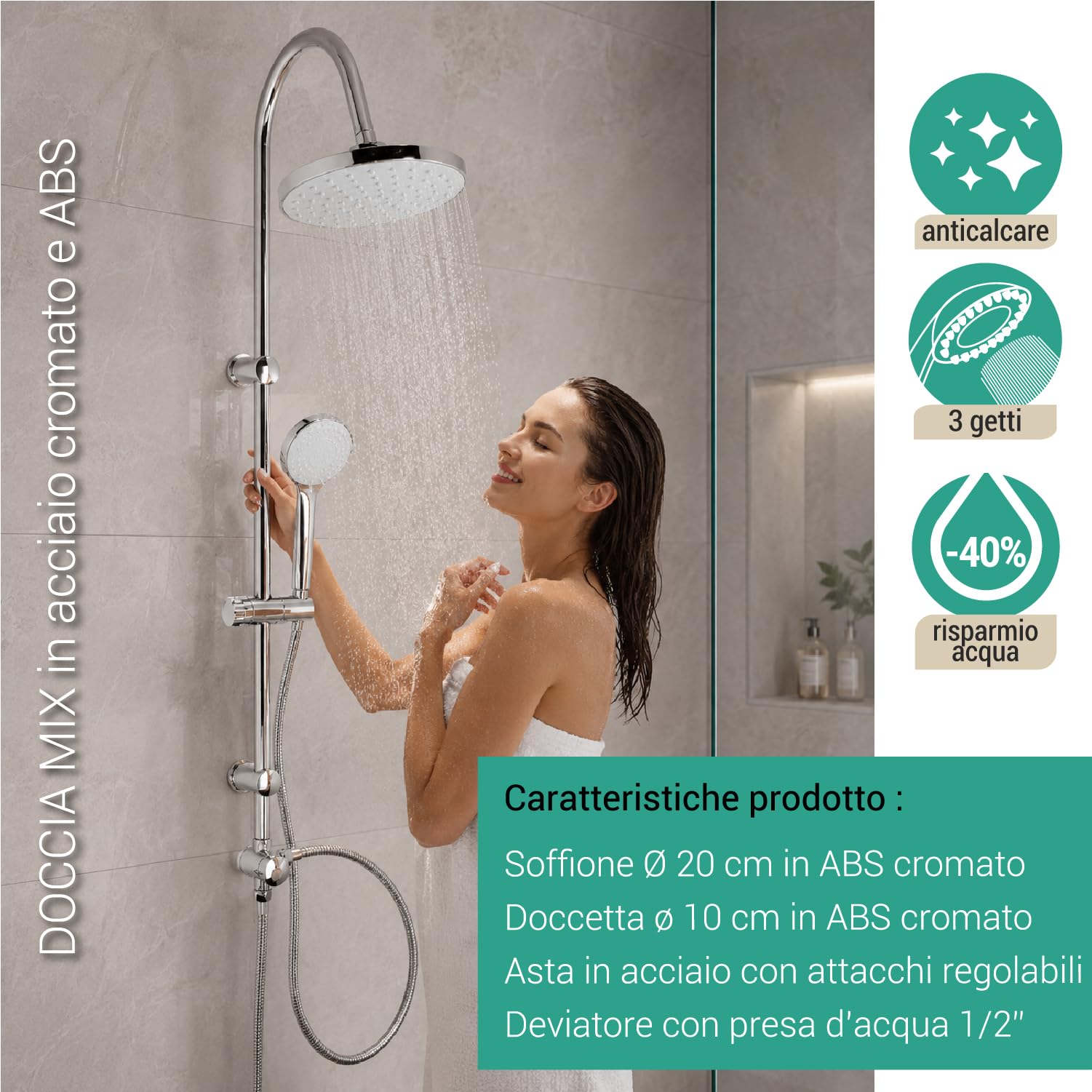 Crisalide® - Ducha Mix cromada con alcachofa Ø 20 cm, ducha 3 chorros y barra ajustable, columna de ducha de acero cromado y ABS con desviador y toma de agua 1/2"