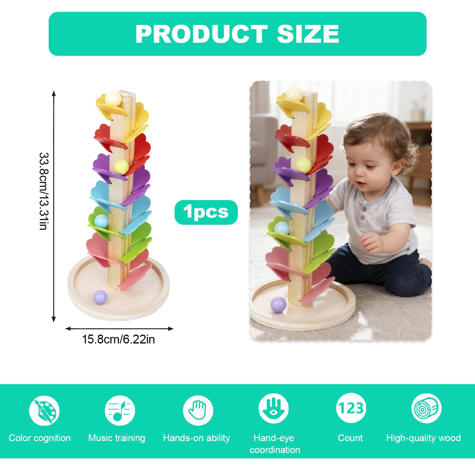 Music Tree Wooden Marble Run, Montessori Sound Tree with1 Base 4 Balls 6 Colors Ball Drop Toy, Wooden Rolling Ball Drop Toy - Image 2