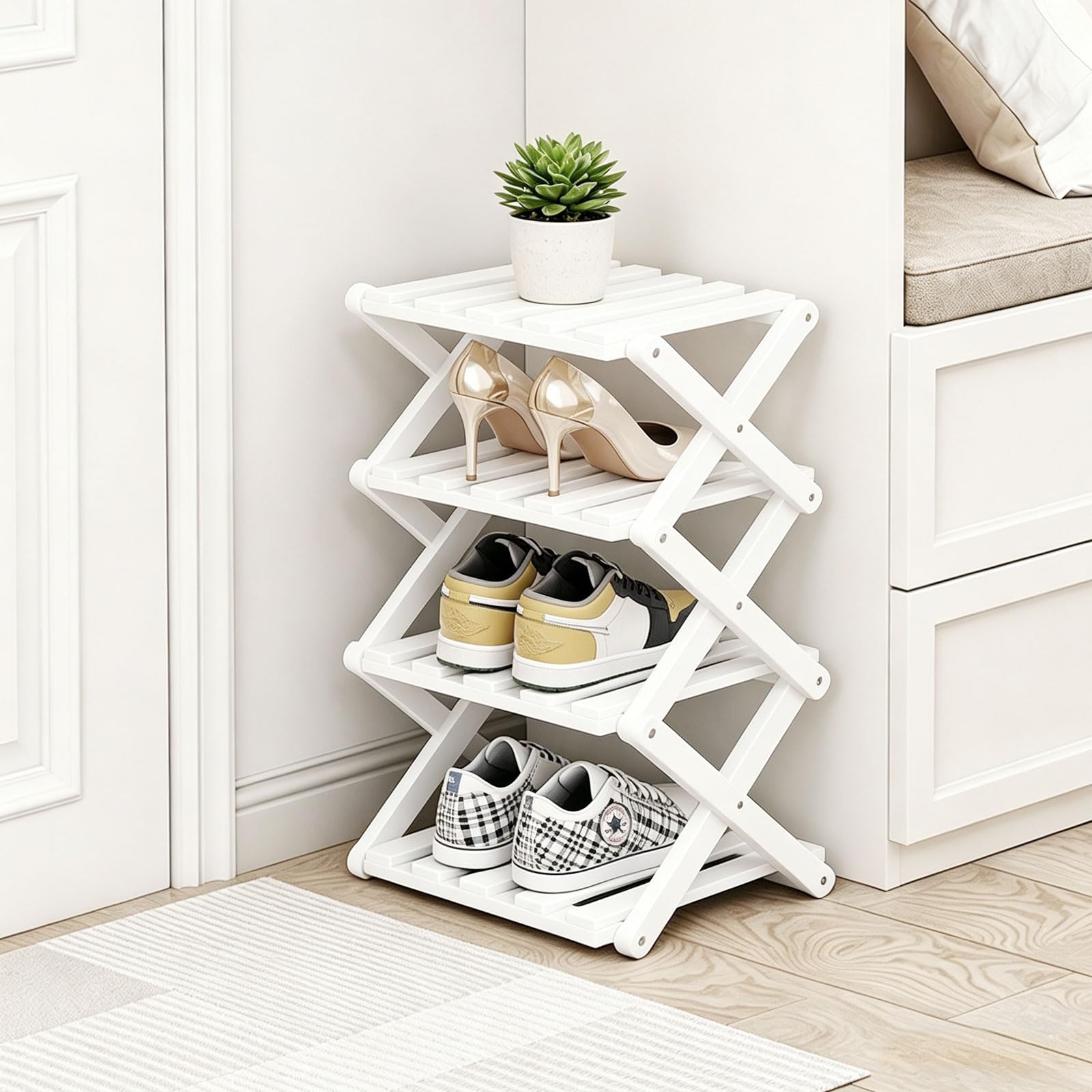 Étagère à chaussures à 4 étages - Blanc - Petit - Pliable - Peu encombrant - Pour entrée, chambre à coucher, armoire, coin salon - Sans montage