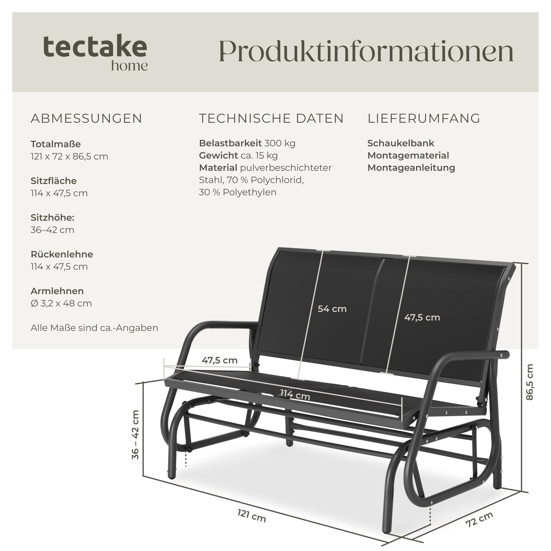 tectake® outdoor Schaukel Bank, 2-Sitzer Schaukelstuhl wetterfest, Gartenbank mit Schaukelmechanismus, bis 300 kg belastbar, Lounge Möbel für Park, Garten, Terrasse Balkon, 121 x 72 x 86,5 cm -schwarz