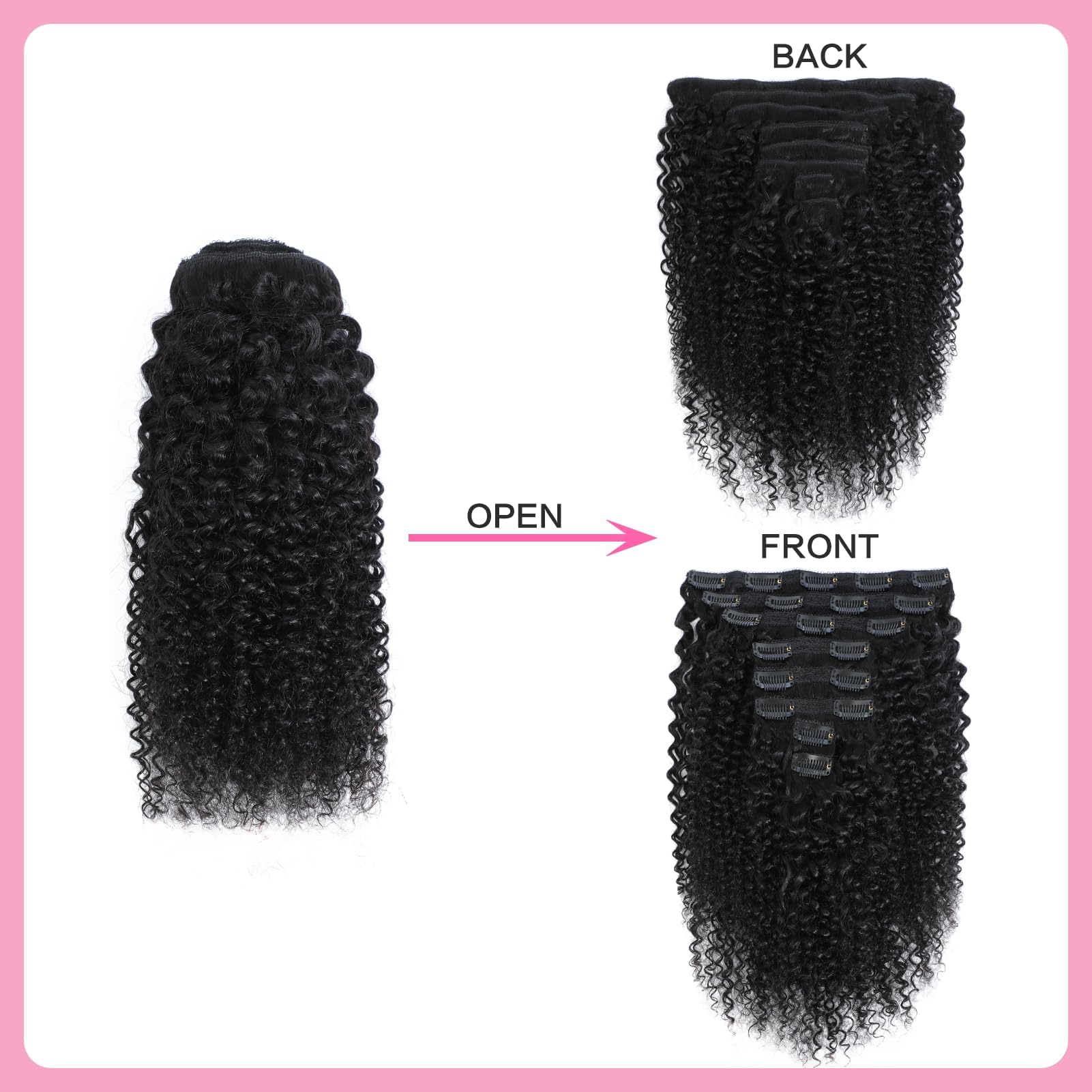 Yacurcur Kinky Curly Clip In Human Hair for Women Brazilian Remy Human Hair Virgin Hair 3C 4A Kinky Curly Clip Ins Hair Extensions 8 Pcs Natural Black (14 Inch) - Image 3