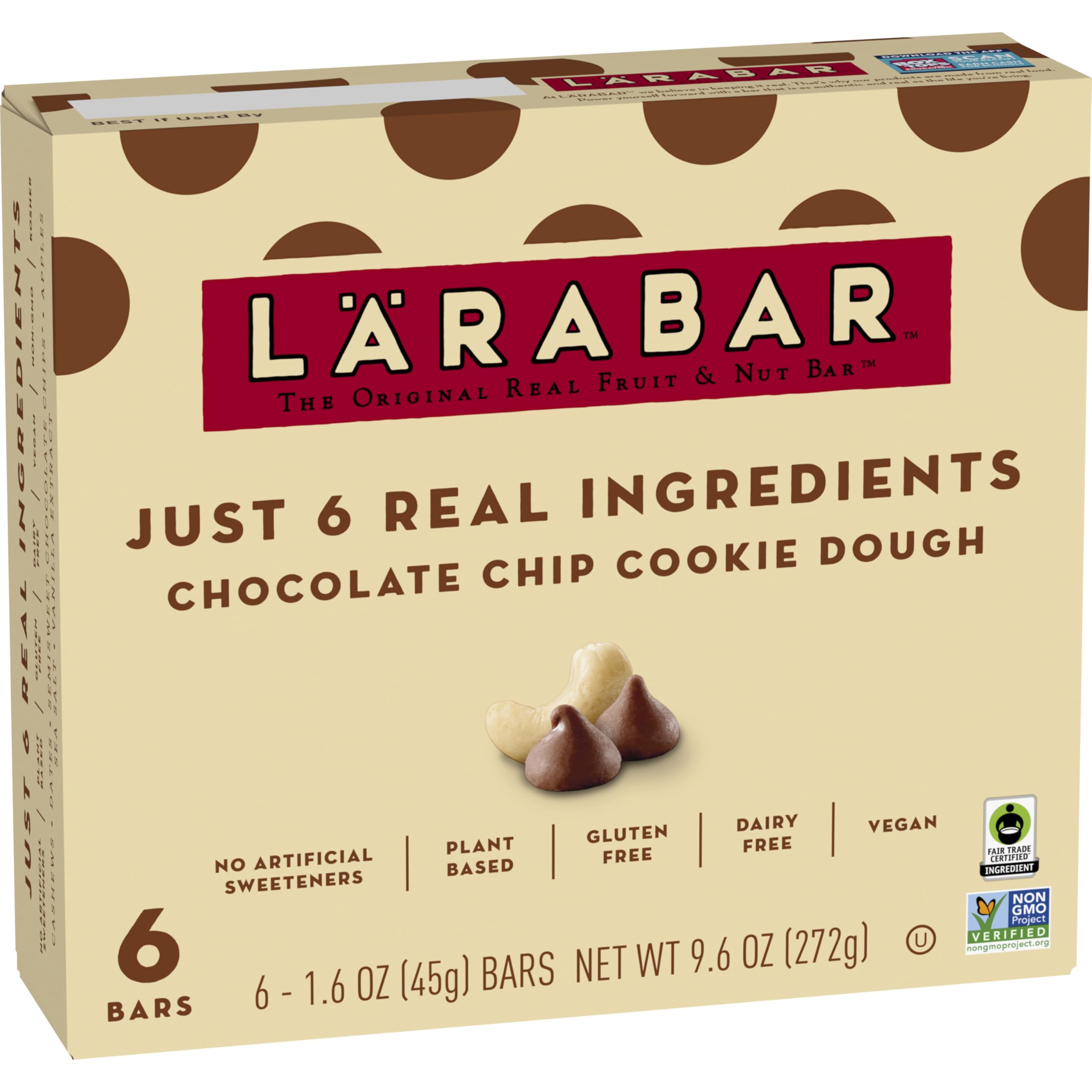 Larabar Chocolate Chip Cookie Dough, Fruit and Nut Bars, Gluten Free and Vegan, 9.6 oz, 6 Ct