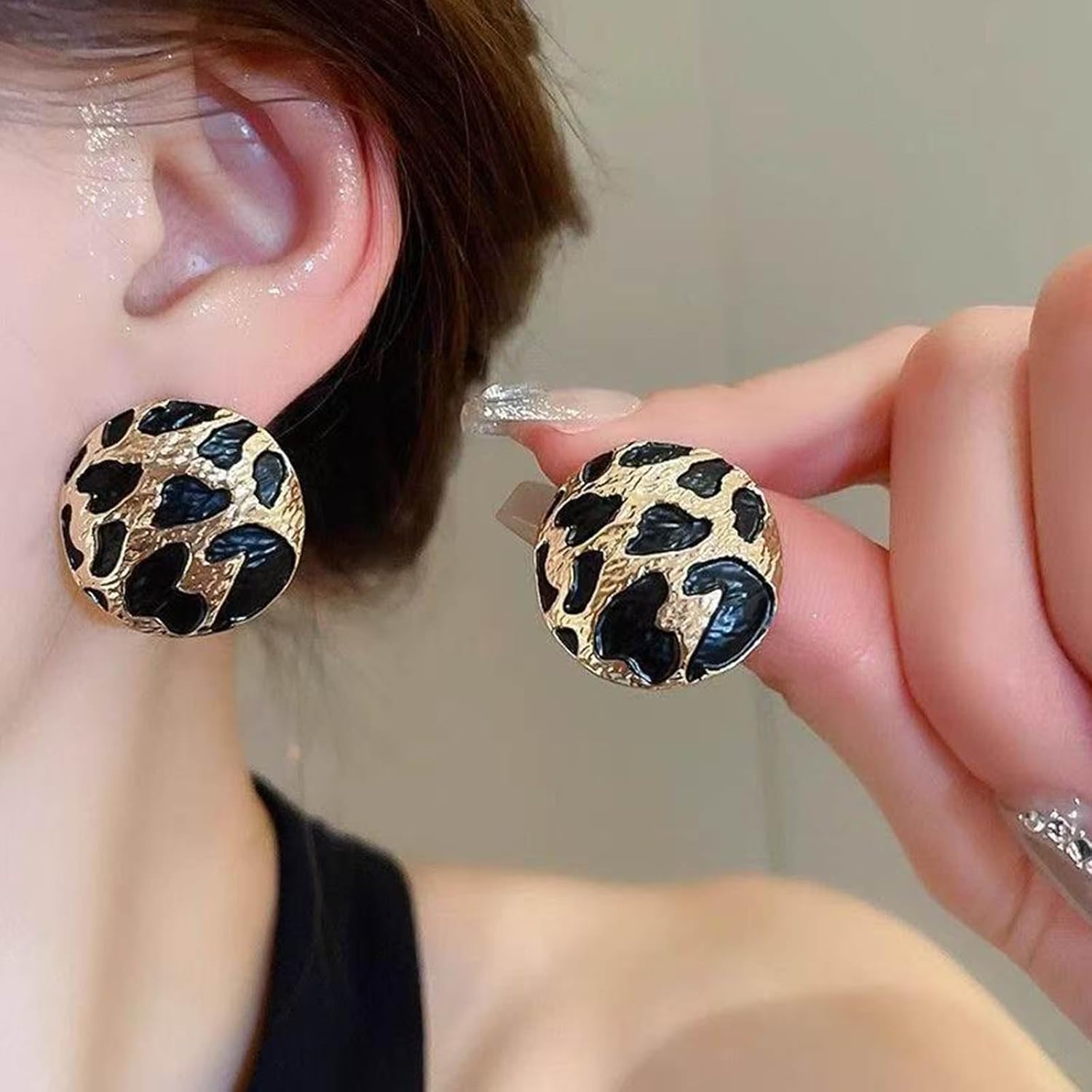 Vintage Coin Disc Stud Earrings Leopard Print Dangle Retro Statement Jewelry for Women - Image 2