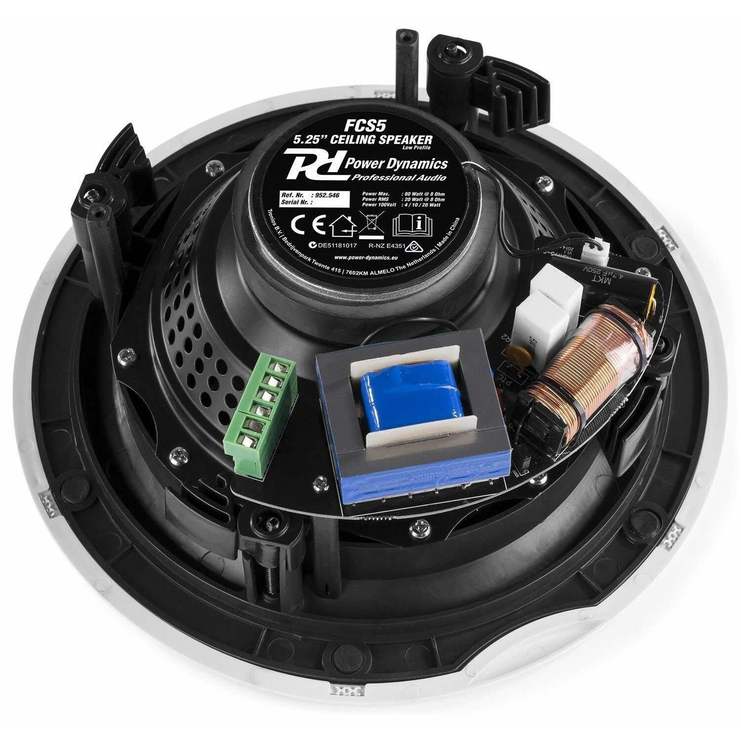 Power Dynamics FCS5 Altavoz empotrable de Techo de bajo Perfil 100 voltios, 8 ohmios y 80 w, empotrable de Techo Plano, Altavoces para Sistema de 100 V, bafle de 5 Pulgadas, Blanco