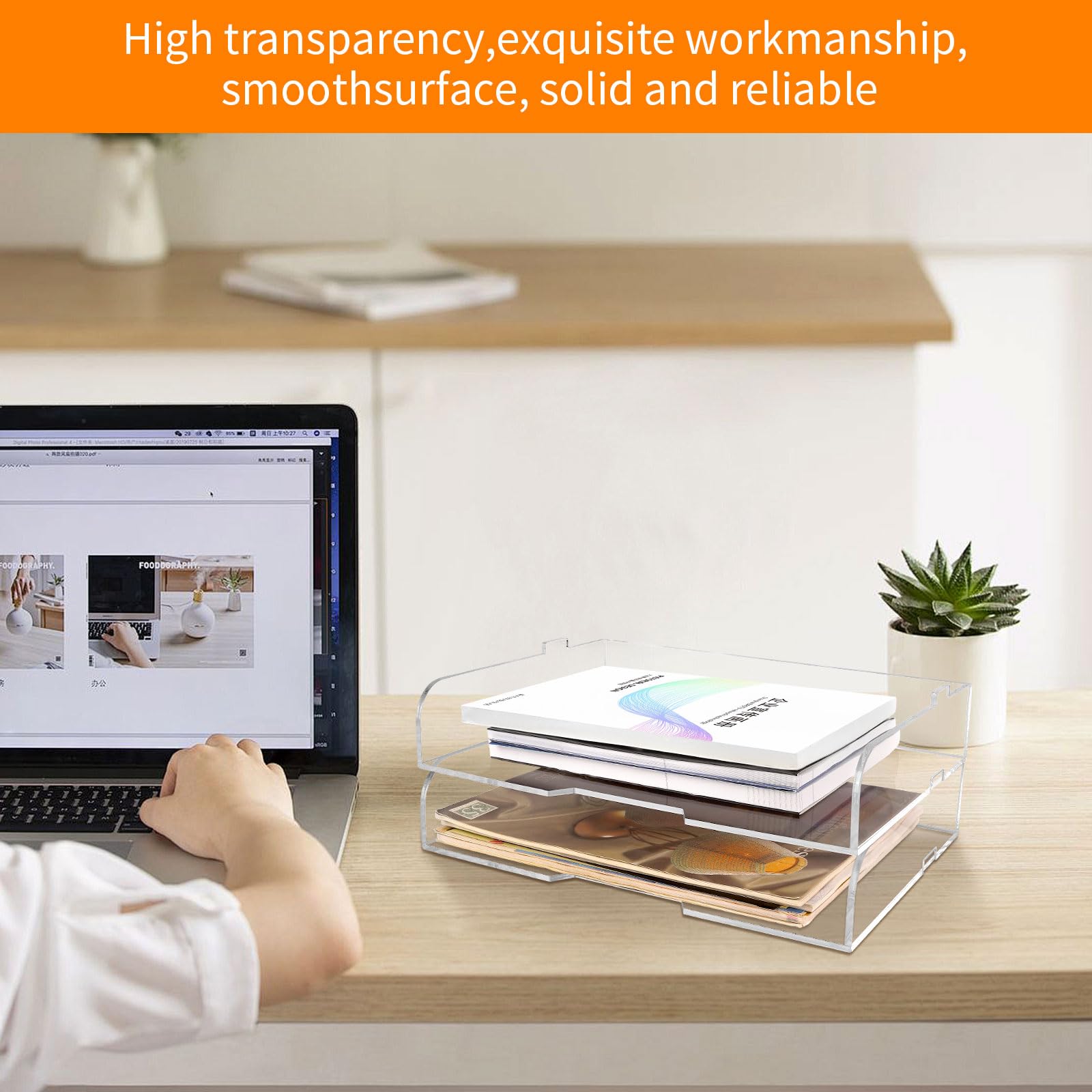 Paquete de 2 bandejas de papel apilables para cartas, revistero acrílico transparente y organizador de archivos, elegante organizador de escritorio para oficina en casa, estantería o espacio de