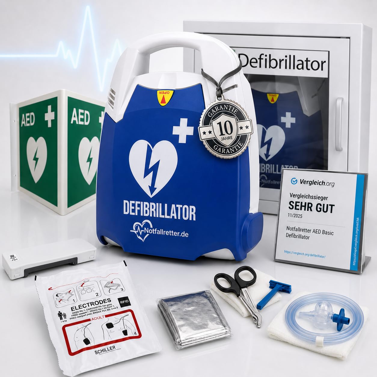 Defibrillator AED Wandschrank Set [10 Jahre Garantie] Erste Hilfe Set, Vollautomat, Autostart, 6 J. Batterie, für Betrieb, Gemeinde, Verein & Praxis, Notfall Ausrüstung Aufbewahrungsbox First Aid Kit