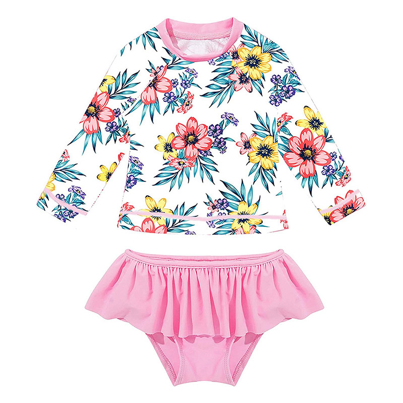 WYTbaby Bañador Niña Dos Pieza Manga Larga Traje de Baño Niñas con Volantes UPF 50+ Proteccion Solar Natacion Playa Transpirable Secado Rápido Bañador para Niña 3-8 Años