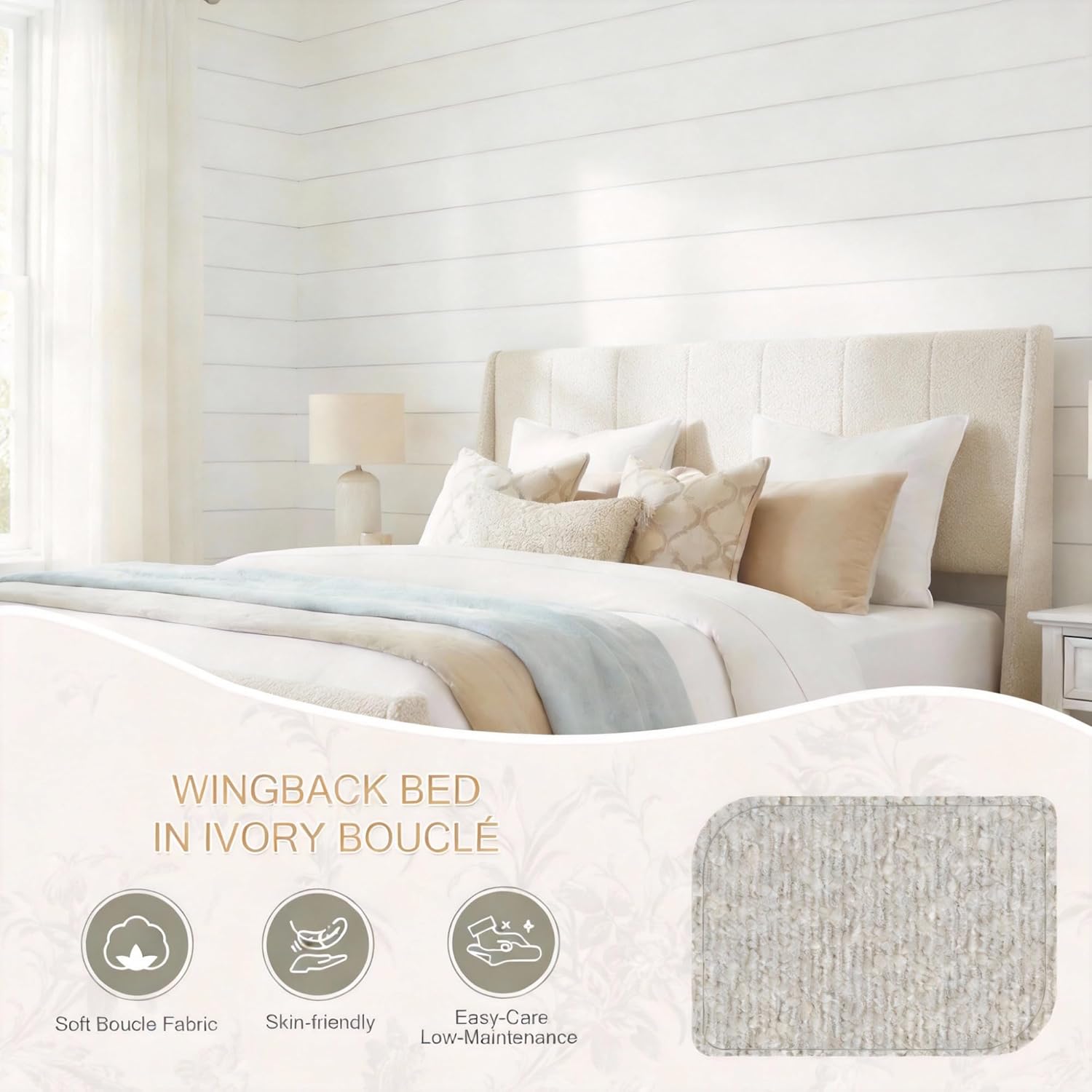 Yechen Bouclé Upholstered Bed Frame Queen, Wingback Bed with Enclosed Design, Headboard & Footboard, Vertical Channel Tufted, Wood Slats, Noise-Free, No Box Spring Needed, Easy Assembly, Ivory