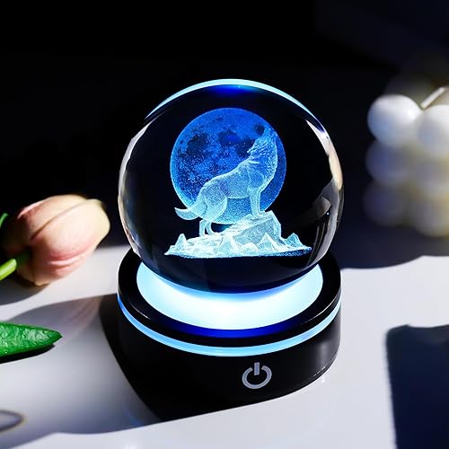 Miniatura 5 de YWHL Figura de bola de cristal 3D con base LED colorida, lobo láser, regalos para mujeres, hombres, amantes de los lobos en Navidad, cumpleaños