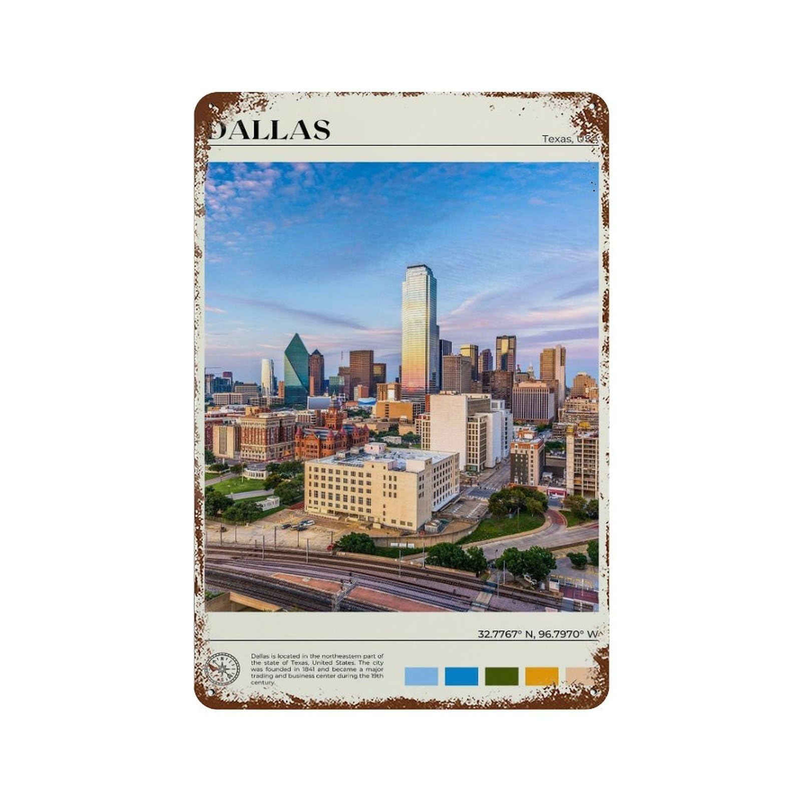 xiaoxiaoshen Real Photo Dallas Decor Texas United States Wall Decor Art Metal Tin Poster Modern Home Decor Art Home Bar Shop Decorations Vintage Sign 30x20cm