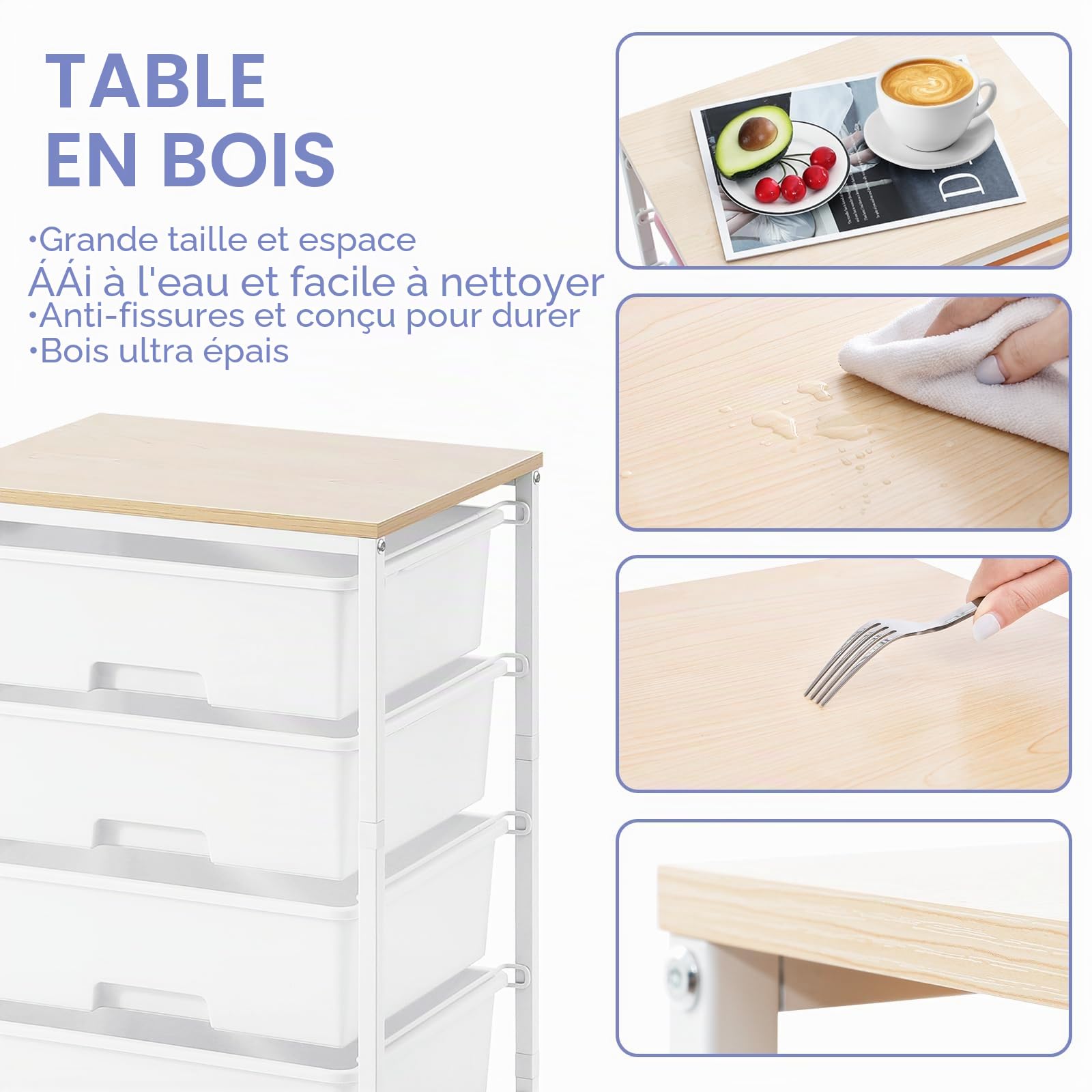 SYKIARIOL Chariot de rangement à 4 tiroirs sur roulettes avec plateau de table en bois, pour cuisine, salon, chambre à coucher, mouvement facile, grande capacité, 4 tiroirs, blanc