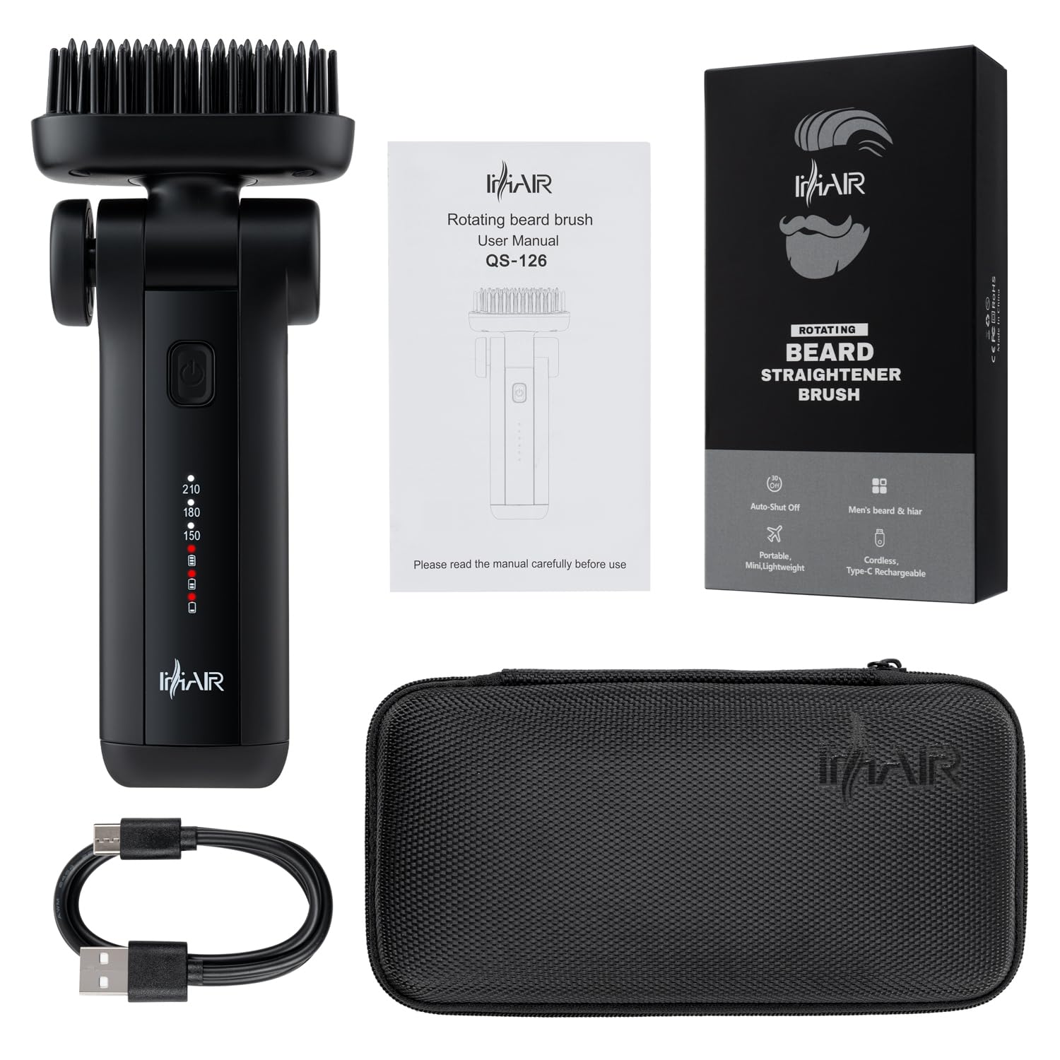 Cepillo alisador de barba portátil para hombres, recargable por USB, batería de 6400 mAh, peine antiquemaduras de 360°, calentamiento rápido, funcionamiento silencioso para barbas cortas y
