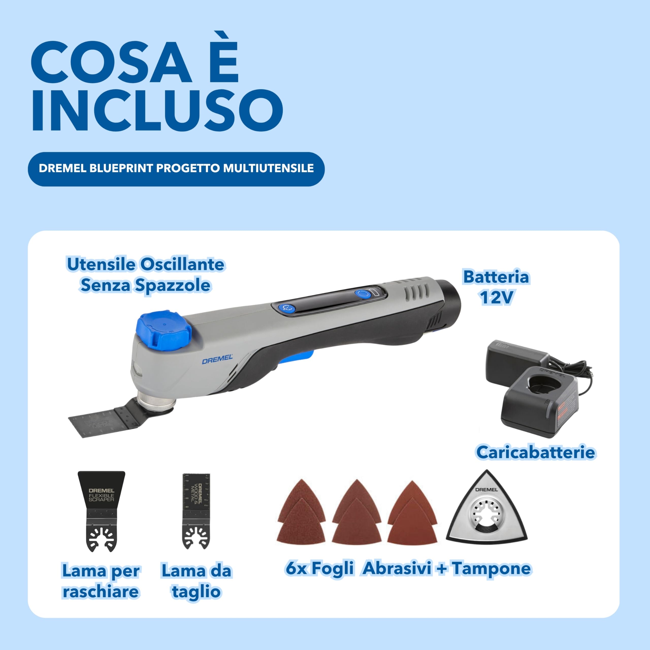 Dremel Blueprint Utensile Multifunzione Oscillante Brushless 12V, Selettore Applicazioni e Velocità con Lama da Taglio e Raschiatura, 6 Fogli Abrasivi, Tampone di Levigatura, Caricabatterie+Batteria