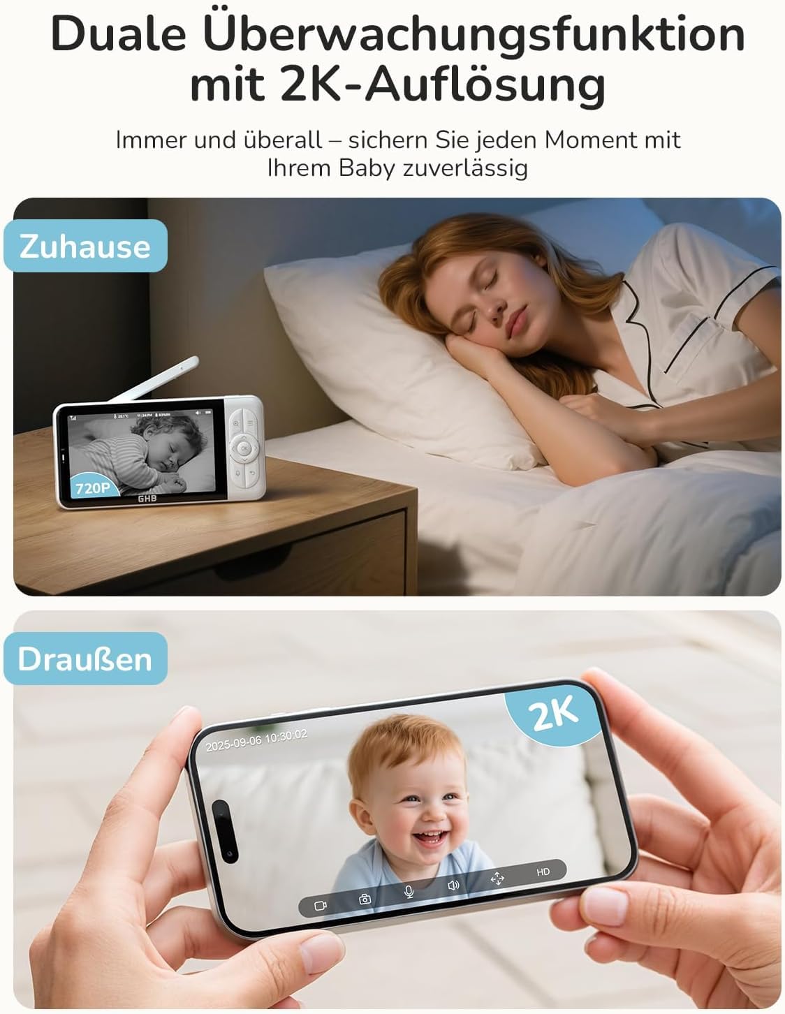 GHB Babyphone mit Kamera App WiFi IPS 5 Zoll 2K WLAN Babyphone PTZ 350°/65° Bewegungs-/Geräusch-/Weinerkennung Nachtsicht VOX 4 Zoom