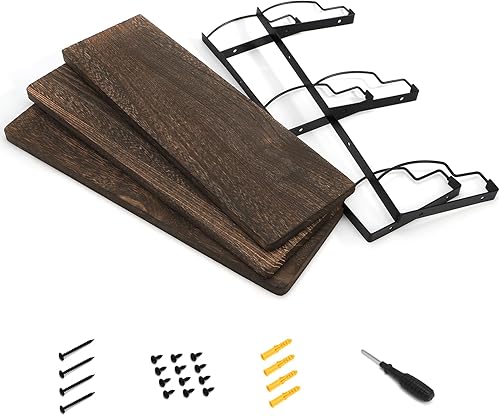 Miniatura 5 de Yesland Estantes de pared flotantes de 3 niveles, estante colgante rústico de 17 pulgadas con soporte de metal, estantes de almacenamiento de madera