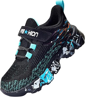 Uerymit Boys Girls Tennis Sneakers Slip On Breathable Athletic Sports Running Gym Walking Shoes Black Blue Big Kid Size 3, 1 Pair