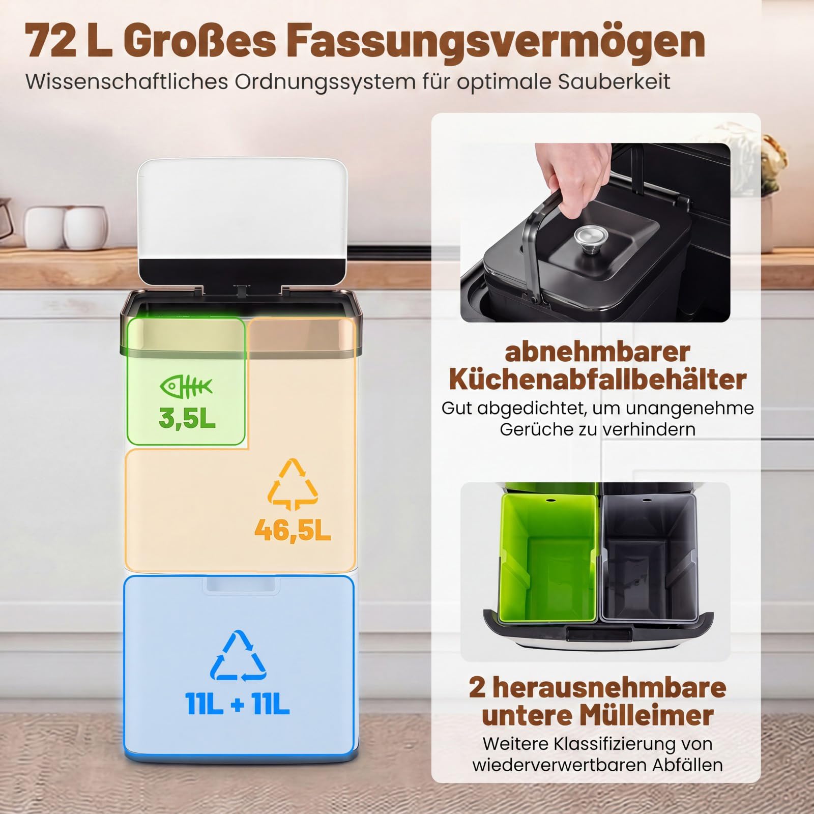 COSTWAY Elektryczny kosz na śmieci 72 l, z czujnikiem, system segregacji śmieci 2 x 11 l + 3,5 l + 46,5 l, pojemnik na odpady kuchenne, delikatne zamknięcie, do kuchni, biura (biały)