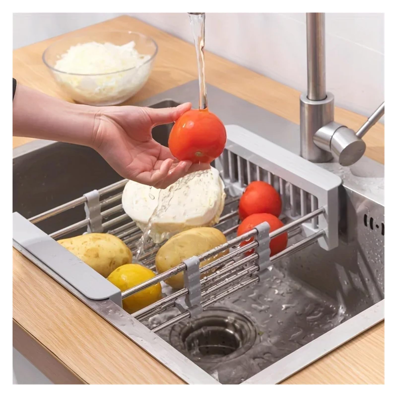 Erweiterbares Abtropfgestell aus Edelstahl für Spüle, multifunktionales Küchensieb zum Trocknen von Geschirr und Waschen von Vetables, platzsparend, für Zuhause, Küche