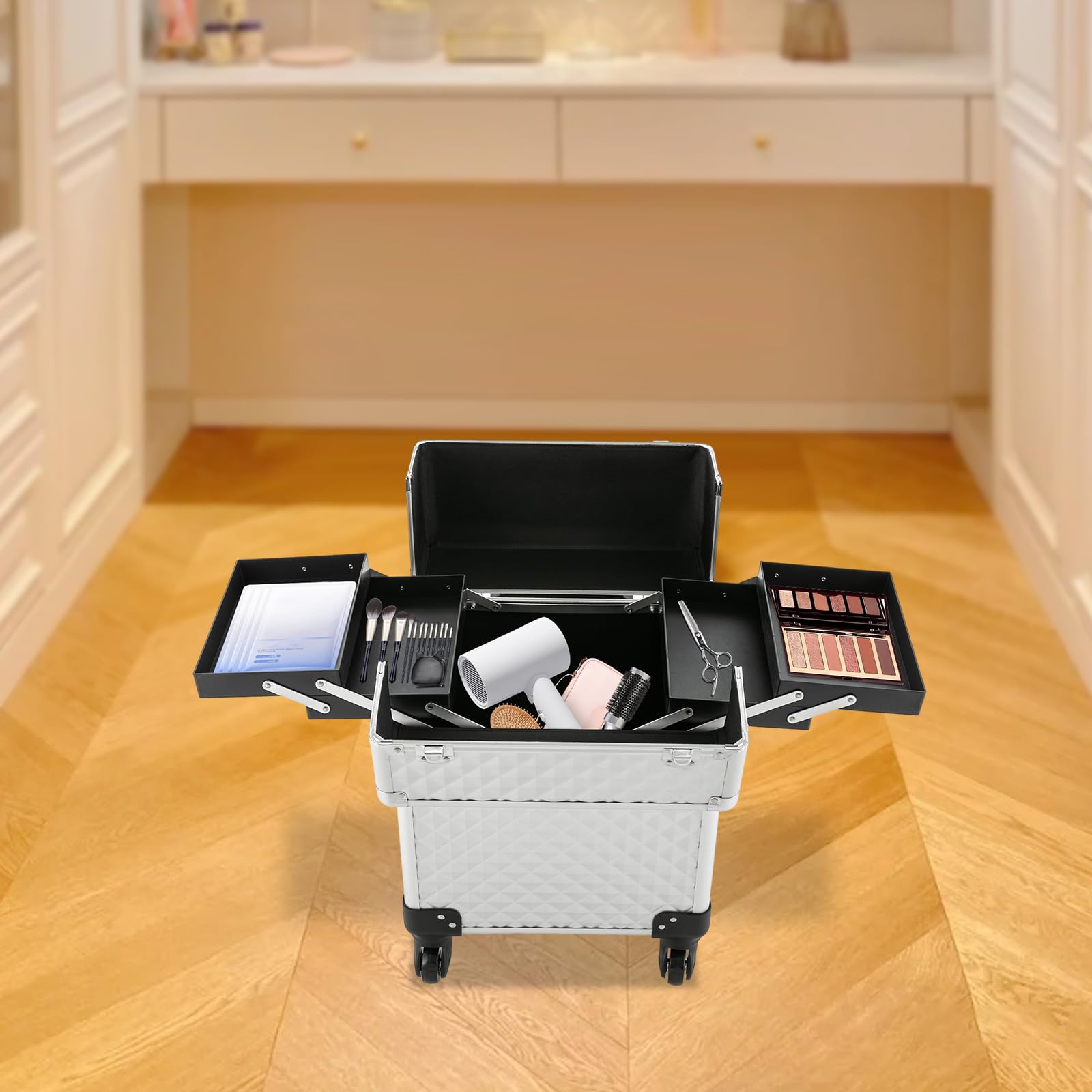 Kosmetikkoffer Groß, Professioneller Schminkkoffer, Multifunktionaler Trolley - Aufbewahrungskoffer Kosmetikkoffer, Beauty Koffer mit 360° Drehbaren Rollen, 34 * 24 * 41cm (Silber)