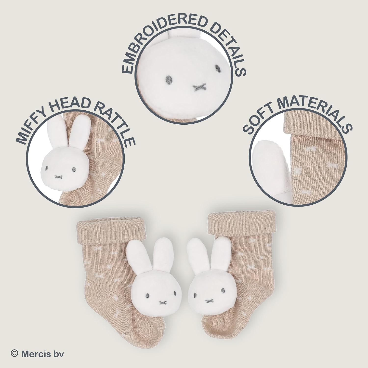 Kids Preferred Miffy Baby Foot Rattle Set - Super Soft Rattles, Neutral Colors, Soft Sensory Elastic Socks, Embroidered Details, Ages 0 to 9 Months image 3