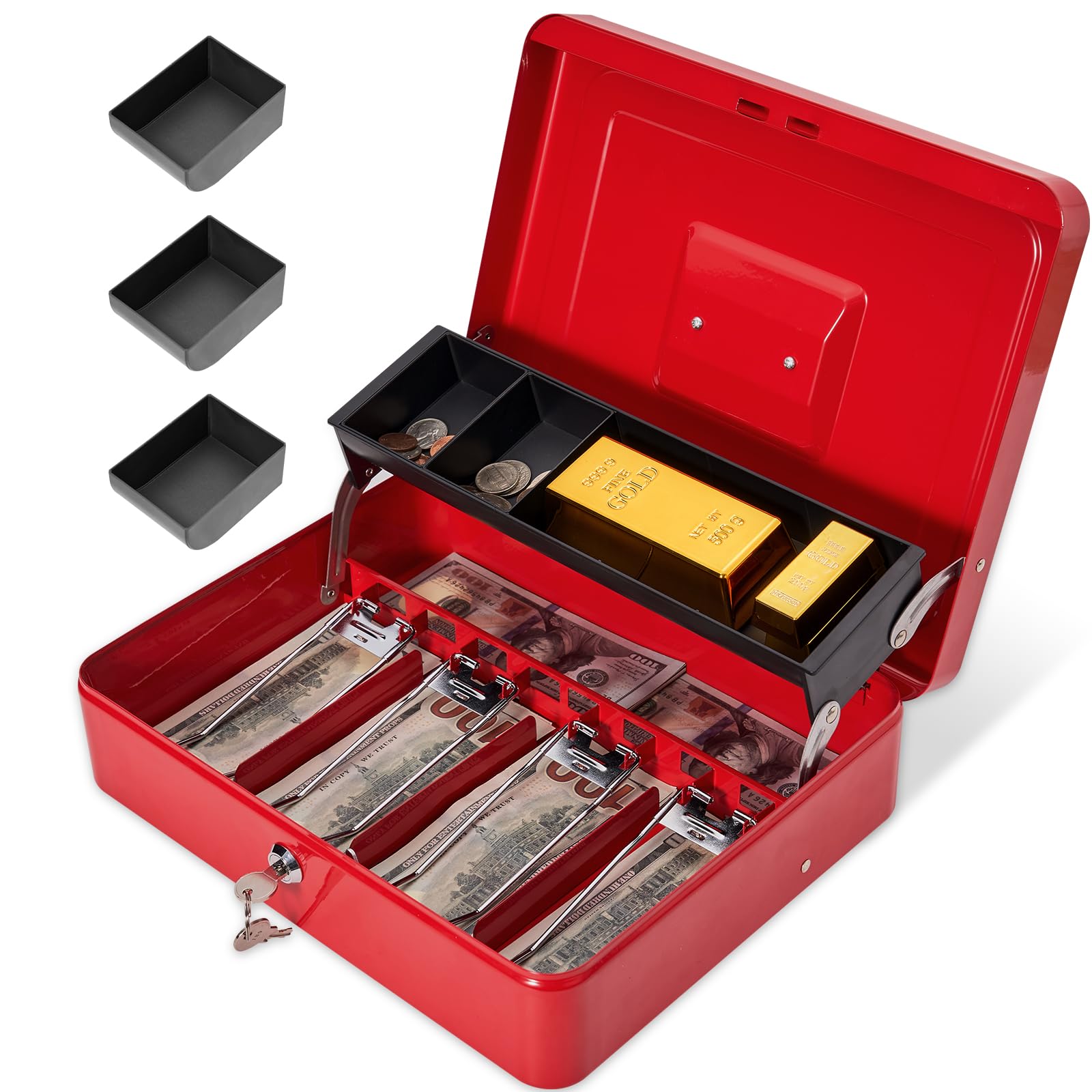 Polspag Cash Box with Lock and 2 Keys, Metal Money Box with Cash Tray, Lock Safe Box, 4 Bill/5 Coin Slots, 11.8L x 9.5W x 3.5H Inches (Key-Red) (B0BW8YT76T) Amazon Price History, Amazon Price Tracker