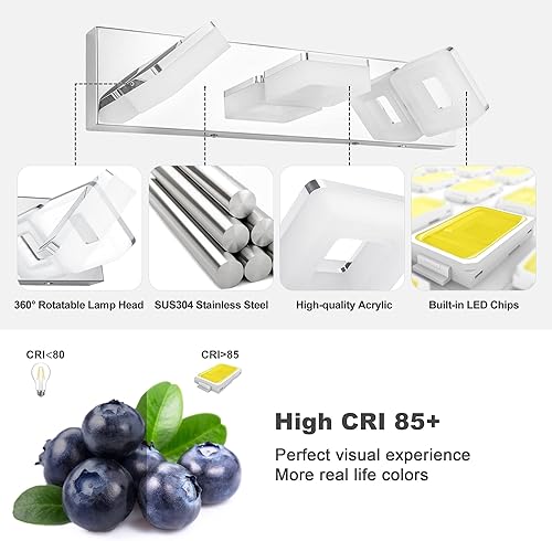 Miniatura 4 de Lámparas de baño regulables de 3 colores sobre el espejo, luces LED cromadas, 3 luces de tocador de baño de acero inoxidable acrílico, 3000 K4000