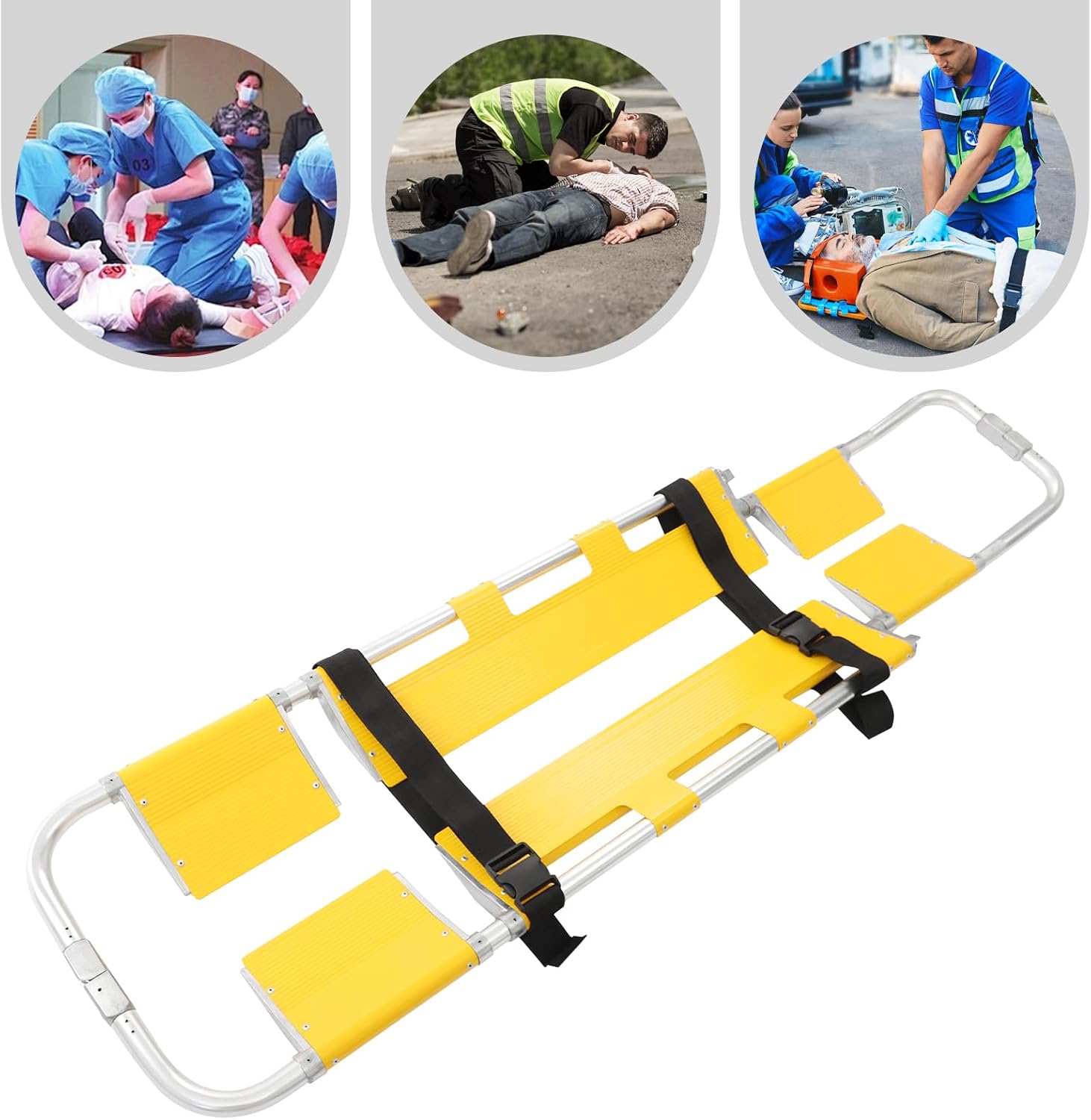 Foldable Emerncy Stretcher - 350 lbs Capaci, Portable & Adjustable 63" to 79", Includes 2 Safe Belts, Ideal for Events & Emerncy Transport, Bright Yellow