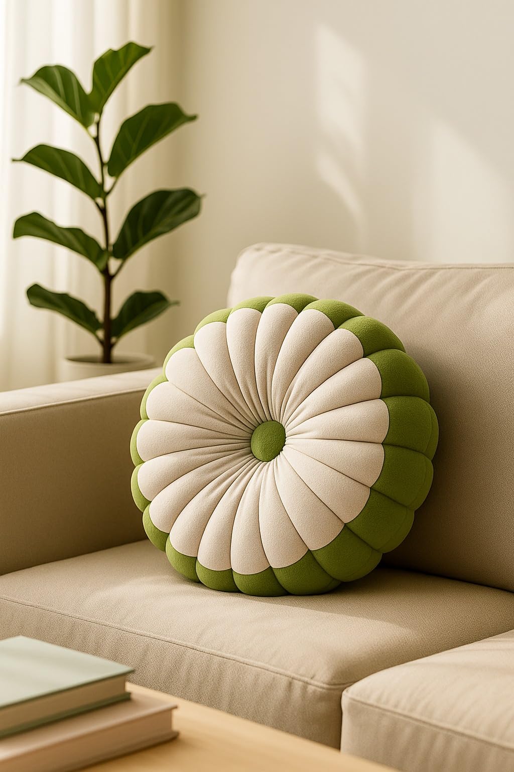 Round Flower Decorative Cushion Pillow, Beige and Green, Velvet, 14 Inches, Soft Throw Pillow for Sofa Chair Bedroom Living Room Floor (Green)