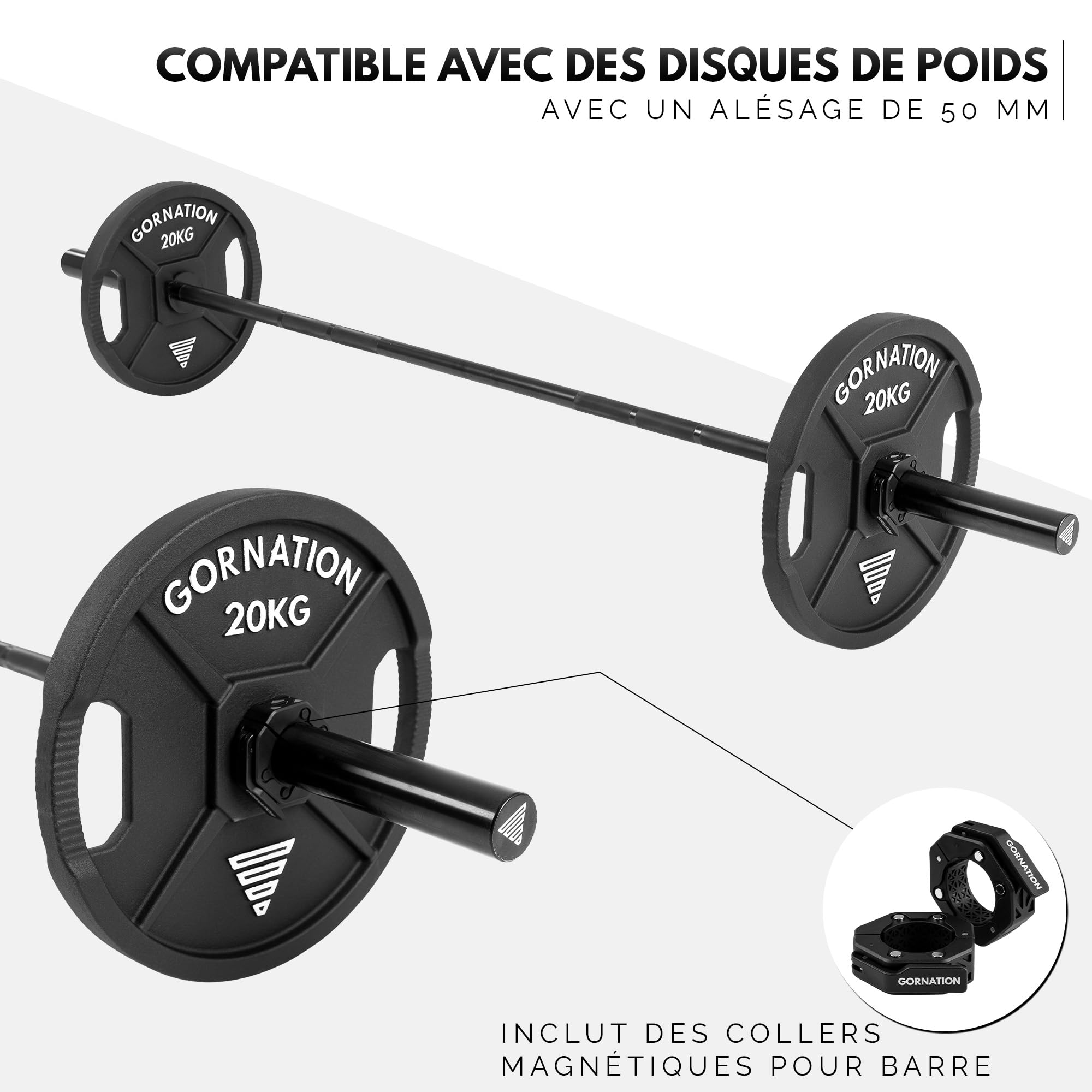GORNATION Barre d'haltères 15kg, Barbell avec clips, Longueur 1,90 m