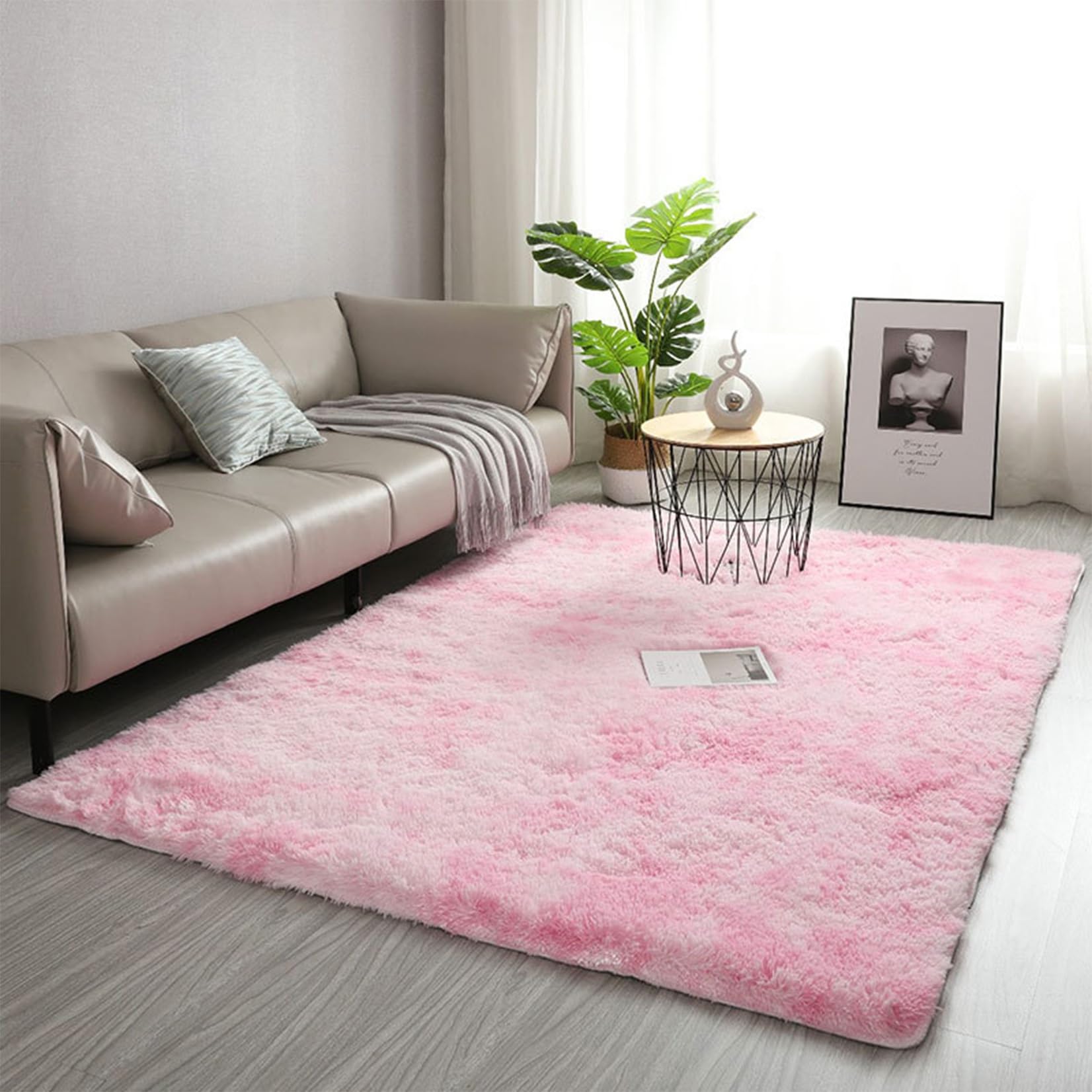 Shaggy Hochflor Teppich 90 x 140 cm Hochflor Langflor Weich Soft Teppich Schlafzimmer Flächenteppich Waschbar, Anti-Rutsch Unterseite für Schlafzimmer Kinderzimmer, Hellrosa