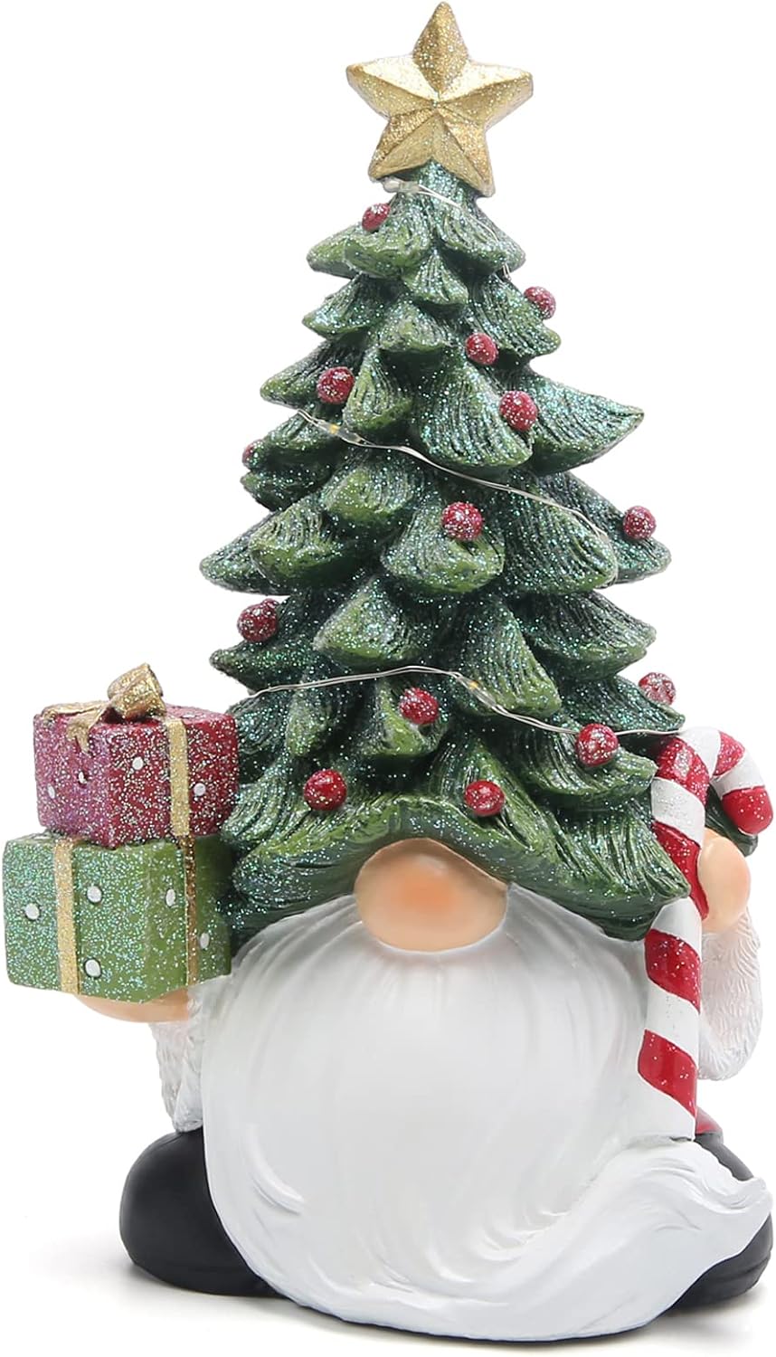Hodao Christmas Gnome Figurine with Tree Hat & Gifts, Hand-Painted Resin Ornaments, Indoor Home Decor for Mantel, Shelf & Table, Glitter Accents Holiday Decorations, Gift-Ready Box