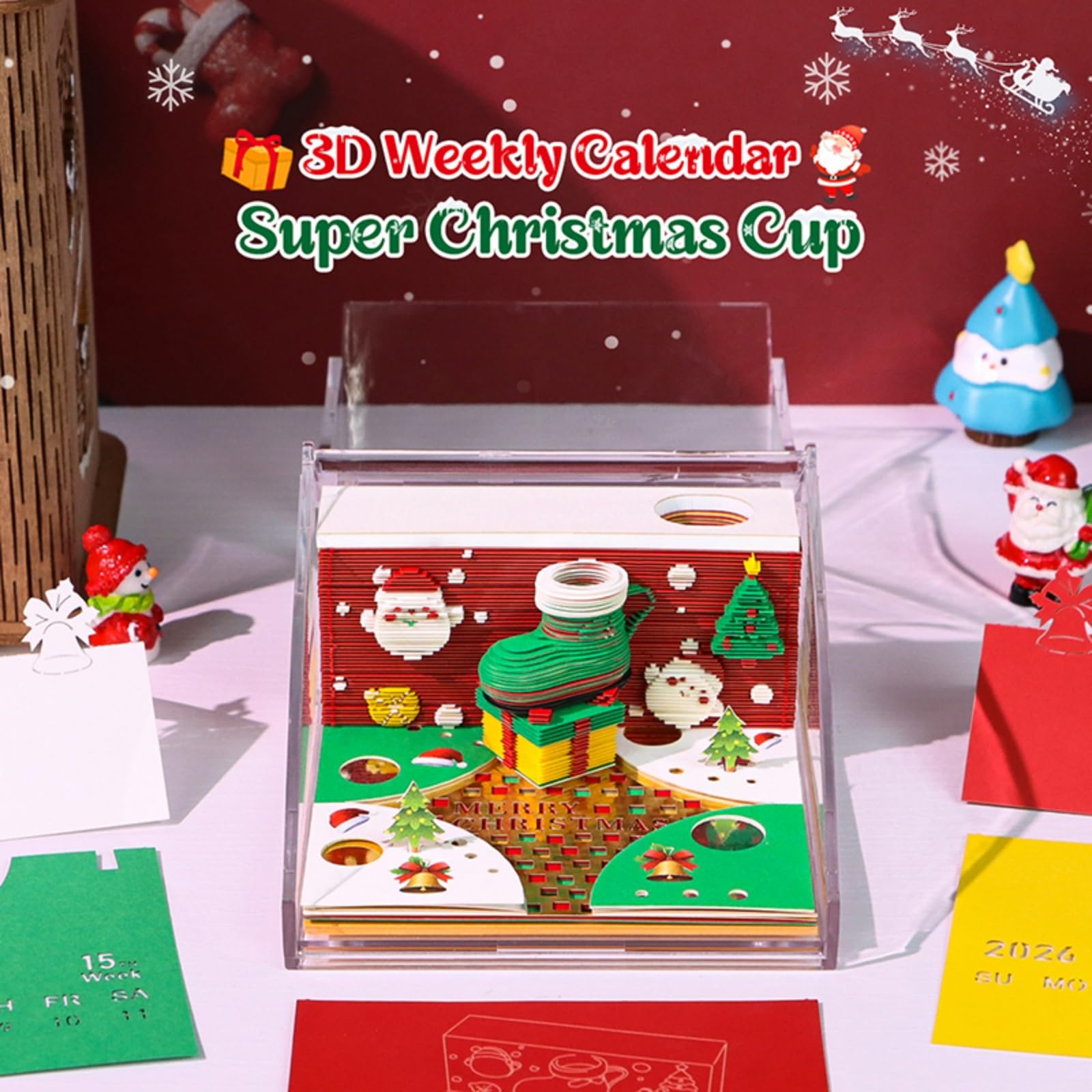 3D-Papierschnitzkalender 2026 mit LED-Licht – Abreiß-Notizblock und Notizblock, Schreibtisch-Dekoration for Weihnachten, Einweihungsfeiern, Zuhause und Büro