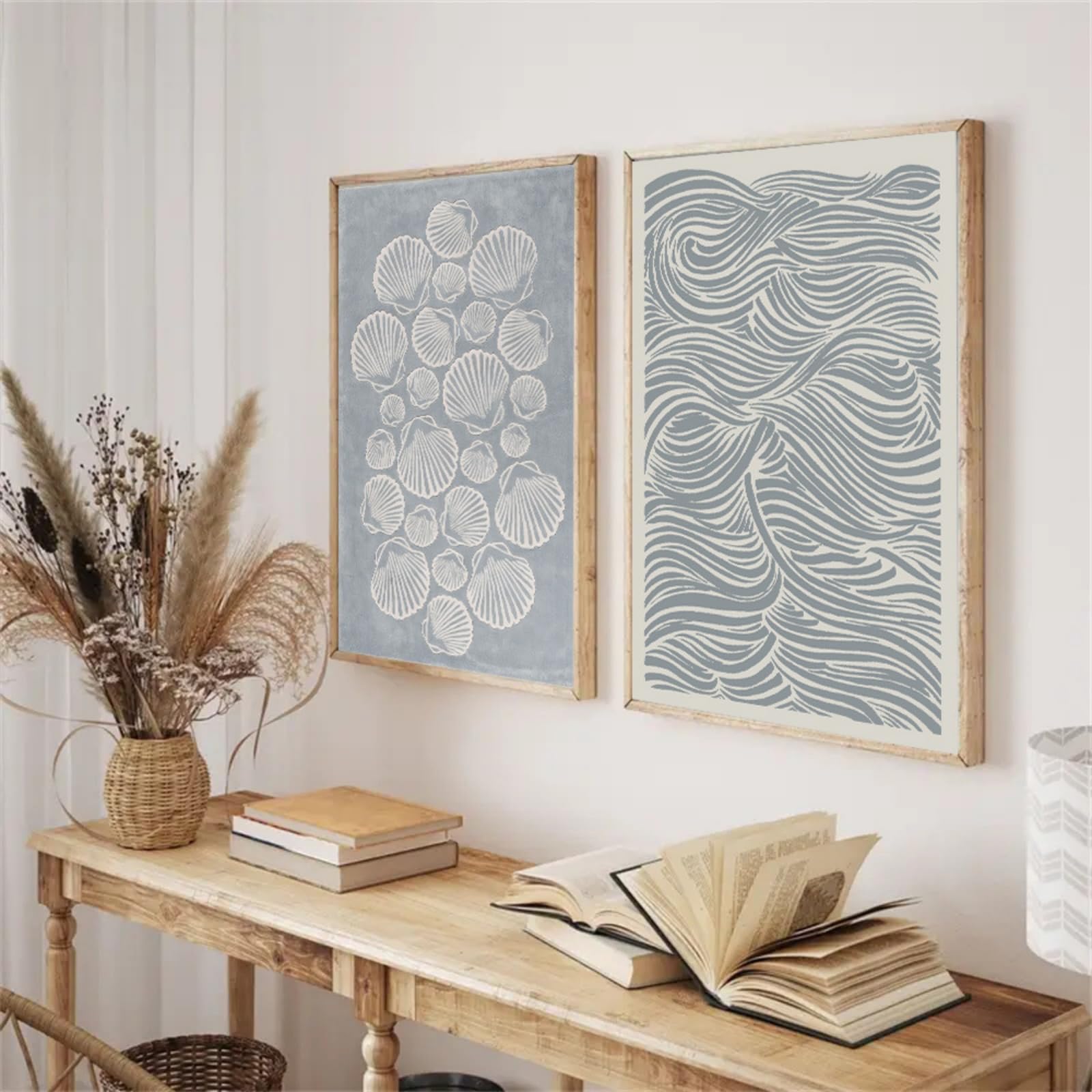 ZBELLO 2 Piece Dusty Blue Coastal Canvas Posters, Minimalist Seashell & Ocean Wave Wall Prints, Neutral Beach Cottage Wall Art for Home Decor, Unframed (30x40cm)