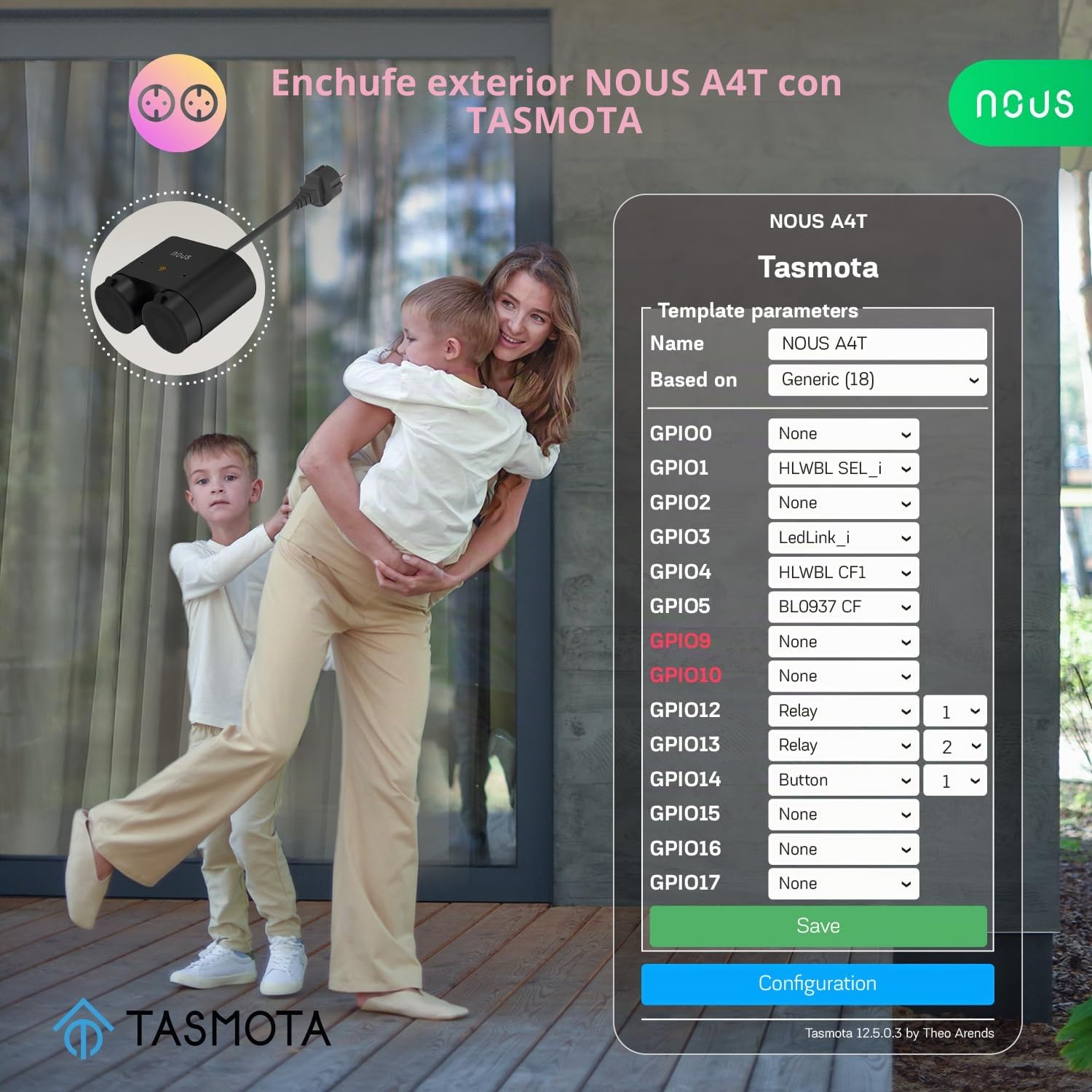 Tasmota NOUS A4T, toma de jardín, impermeable, 16 A, con consumo de energía, contador eléctrico, temporizador, compatible con Alexa, Google Home, MQTT, WiFi 2,4 GHz