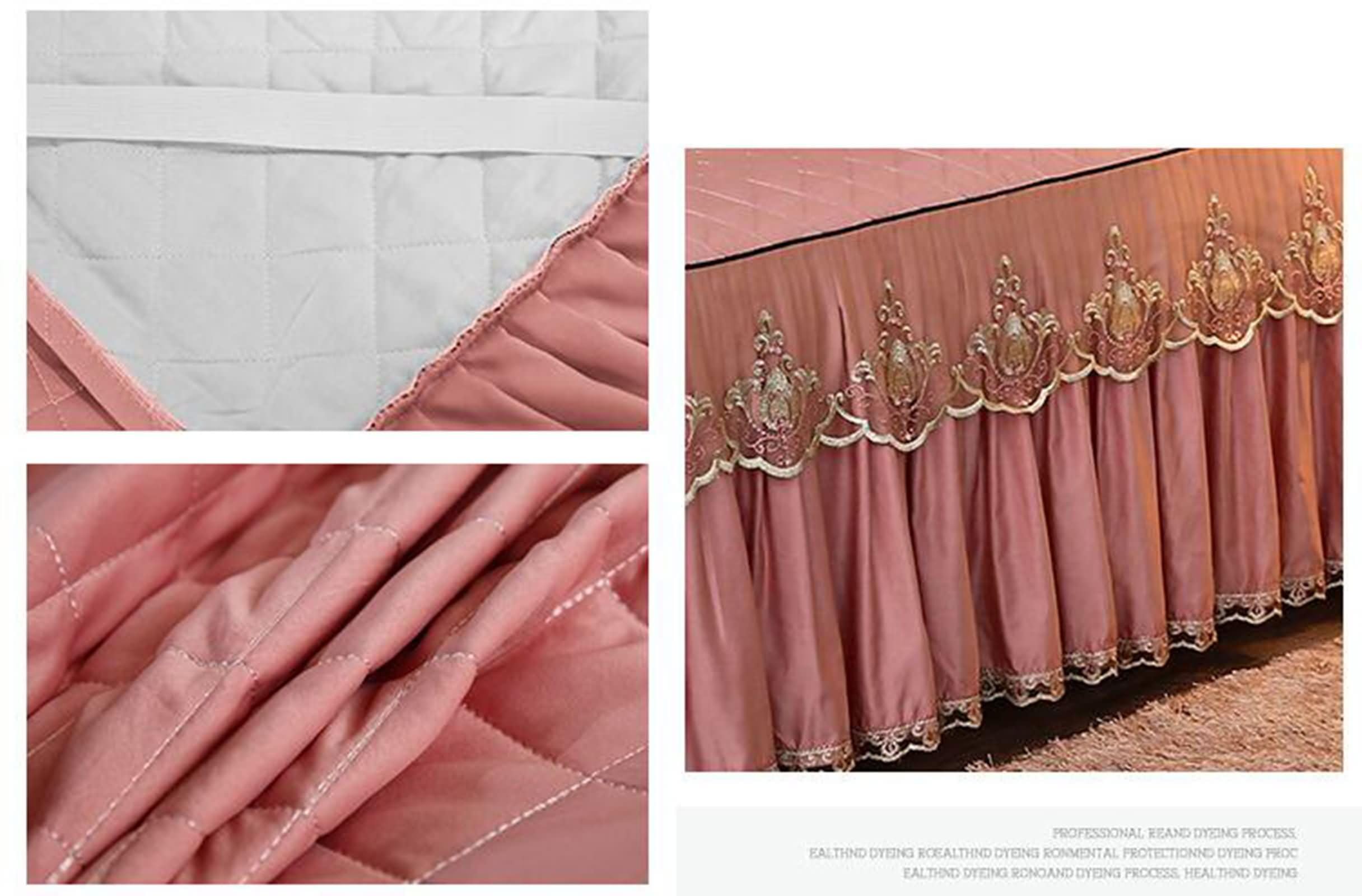 Bajera Cama,150 x 200 CM,Colcha Cama Queen Poliéster Algodón Patrón de Encaje Bordado con Color Sólido Bajera Ajustable Rosa