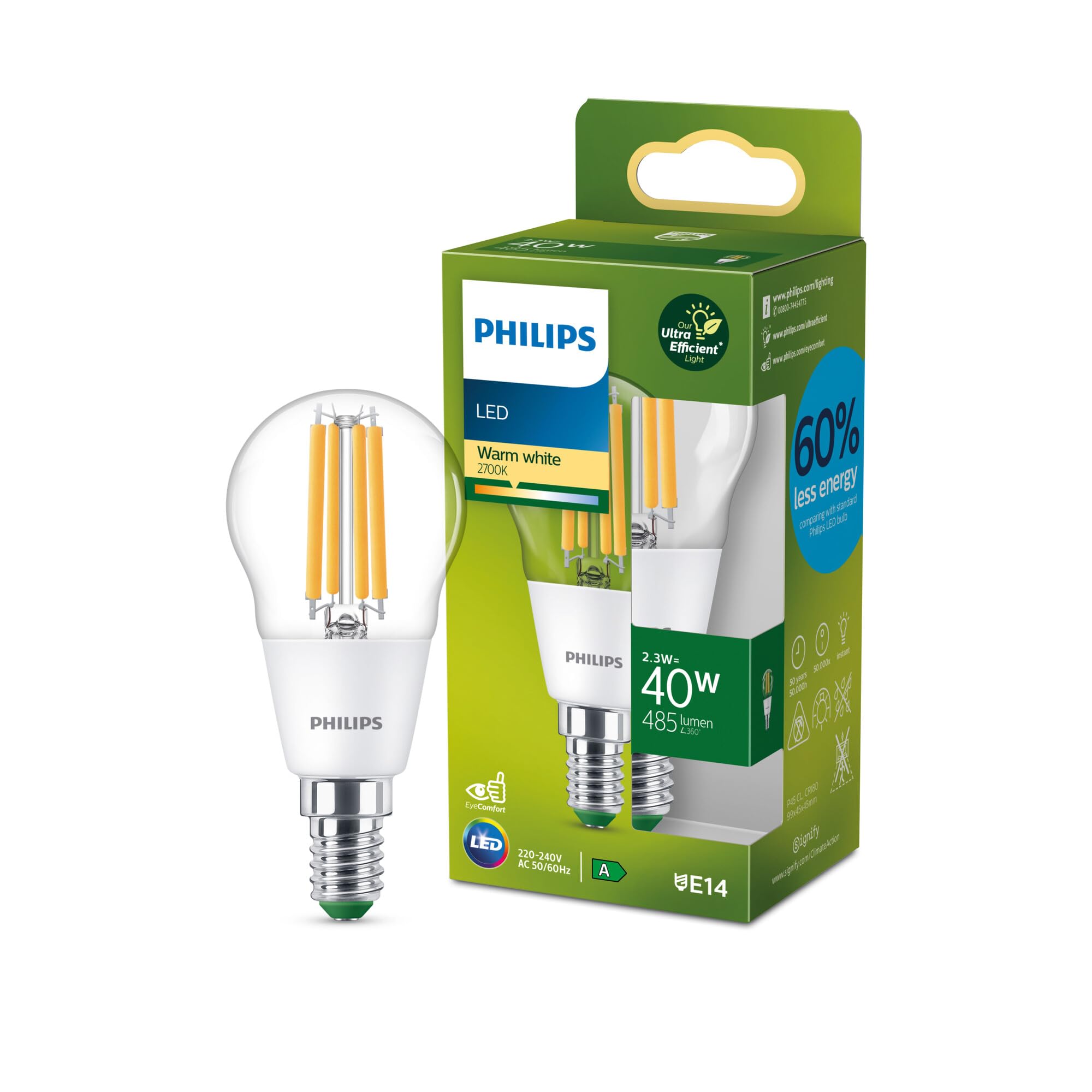 Philips Ultra Efficient - Ultra energy saving lights, LED light source, 40W, P45, E14 Candle Warm White 2700 kelvin, clear