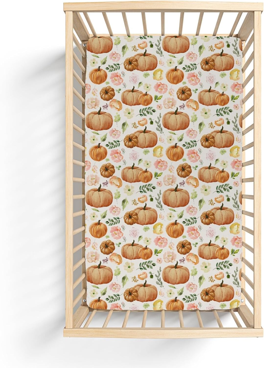Pastel Fall Pumpkins Boho Floral Baby Crib Sheets Boy Girl 52x28 Cream Autumn Pumpkin Leaves Soft Snug Fitted Crib Mattress Cover Thanksgiving Harvest Baby Sheet for Standard Crib & Toddler Mattress