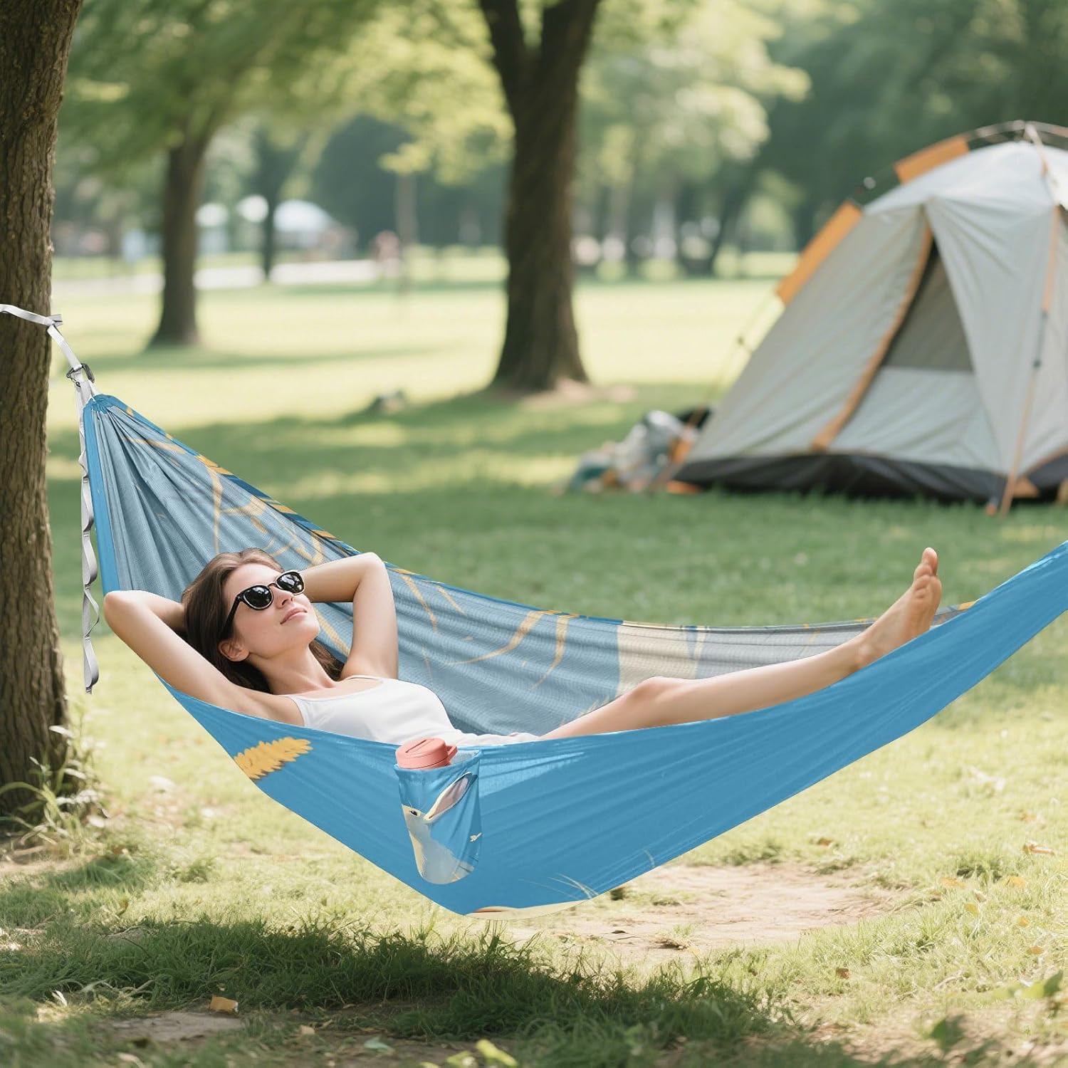 Cute Bunny Blue Hammocks for Camping with Hanging Rope Indoor Hammock for Camping & Hiking Essential