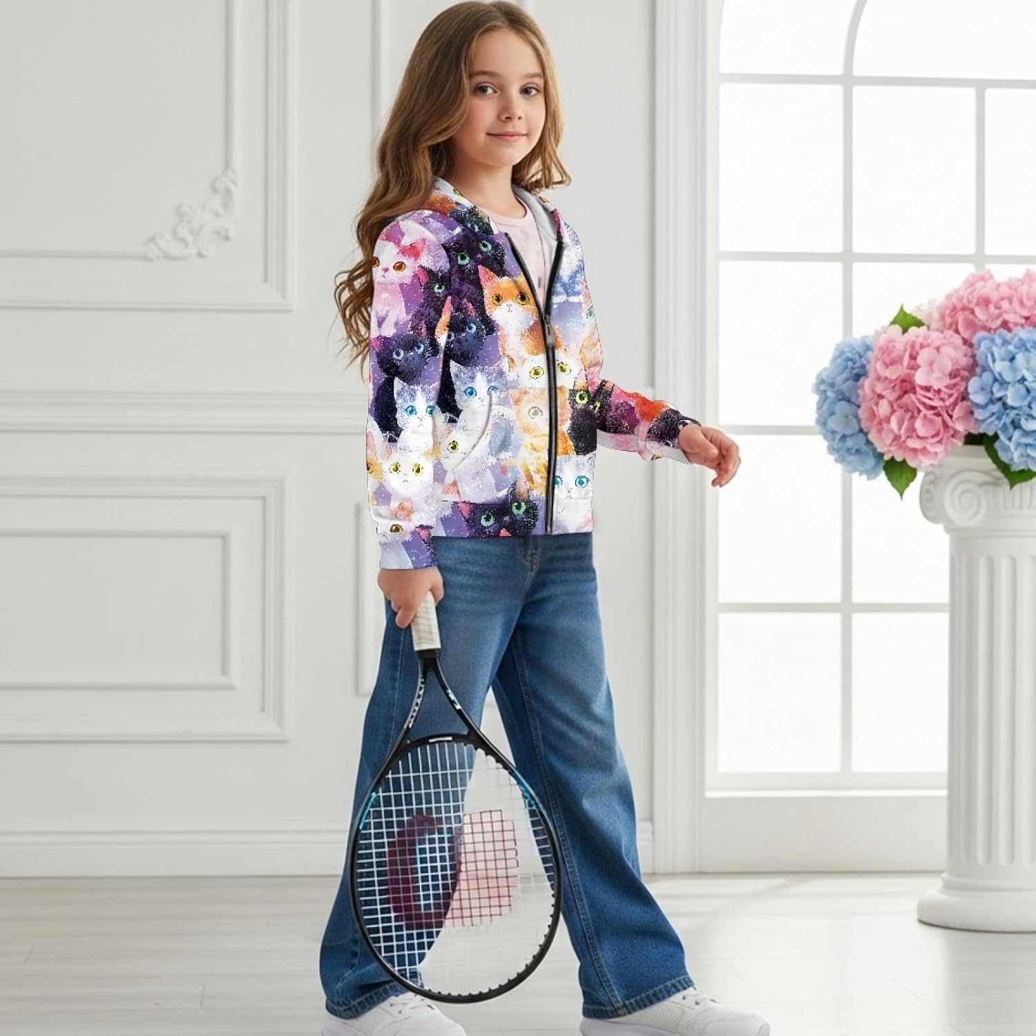 Floral Animal Print Hoodies for Girls Casual Soft Cute Zip Up Hoodie with Pockets Hooded Sweatshirts