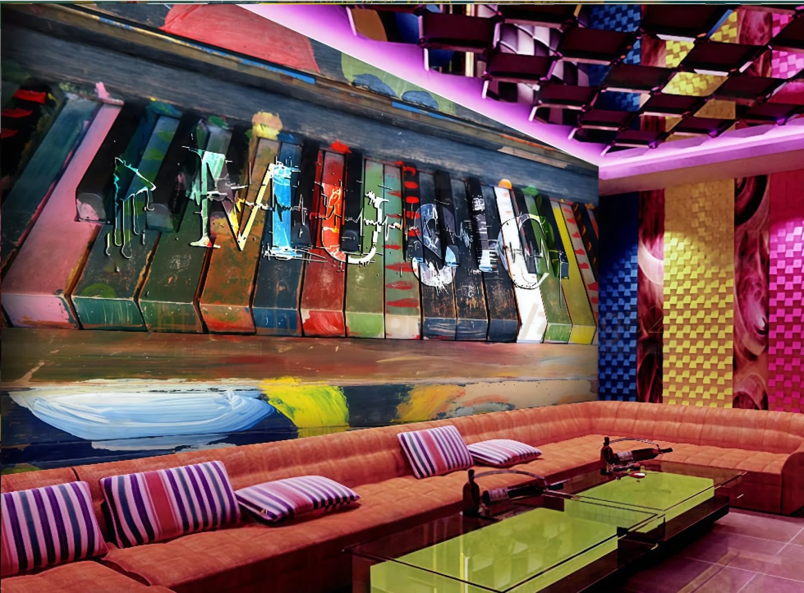 Tapeta Trójwymiarowa Kolor Klawisze Fortepianu Napis Muzyczny Motyw Bar Zachodnia Restauracja Tło Fototapeta Popołudniowa Herbata Kawiarnia Tapeta, 3D, 250x175cm