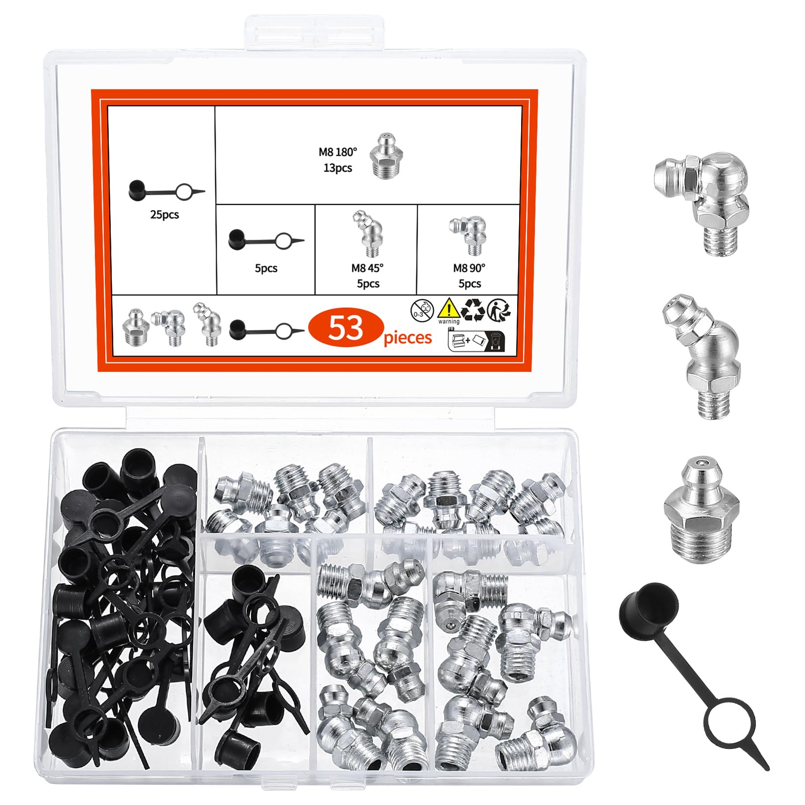 MMDBD53 Piece M8 Grease Assortment Set for Grease Gun, Taper Lubrication for Lubricators, Straight Angled 45° 90° 180° Hydraulic Grease Taper, Includes 30 Grease