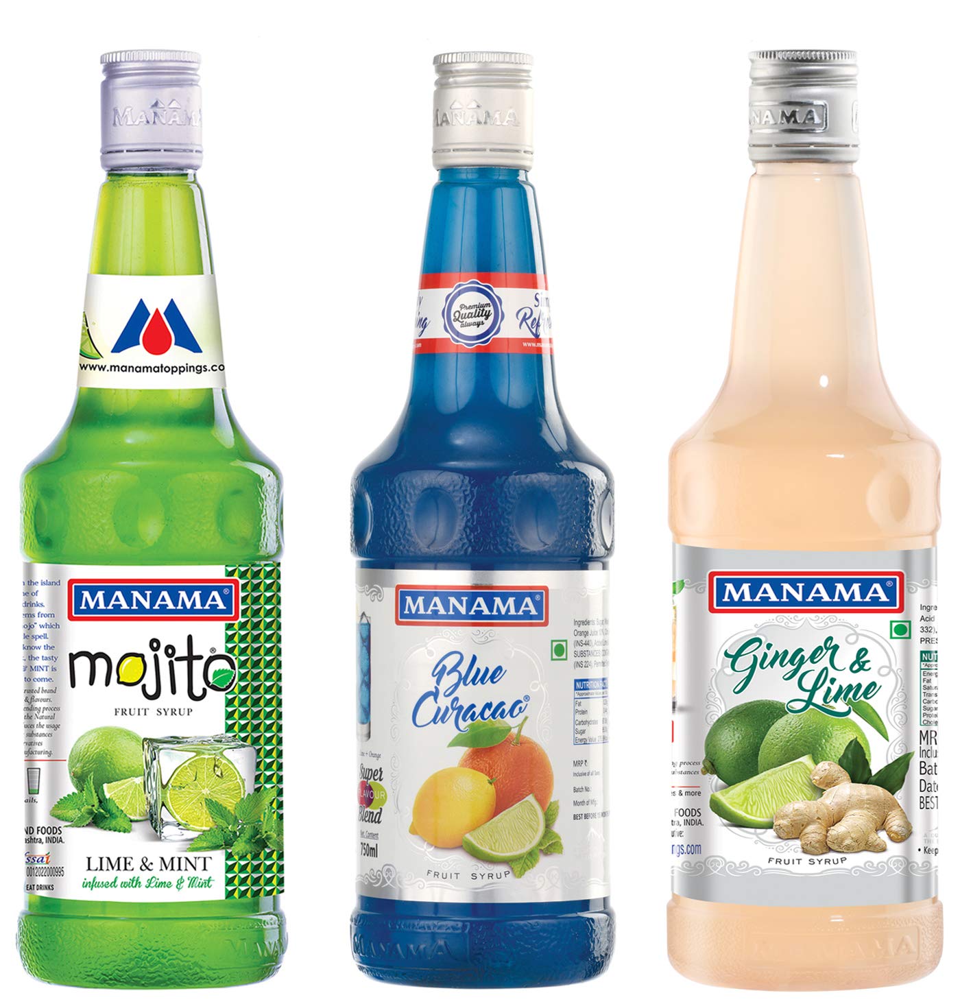 Manama Lime and Mint, Blue Curacao Syrup and Ginger and Lime Syrup, 750ML Each, Pack of 3-image-12