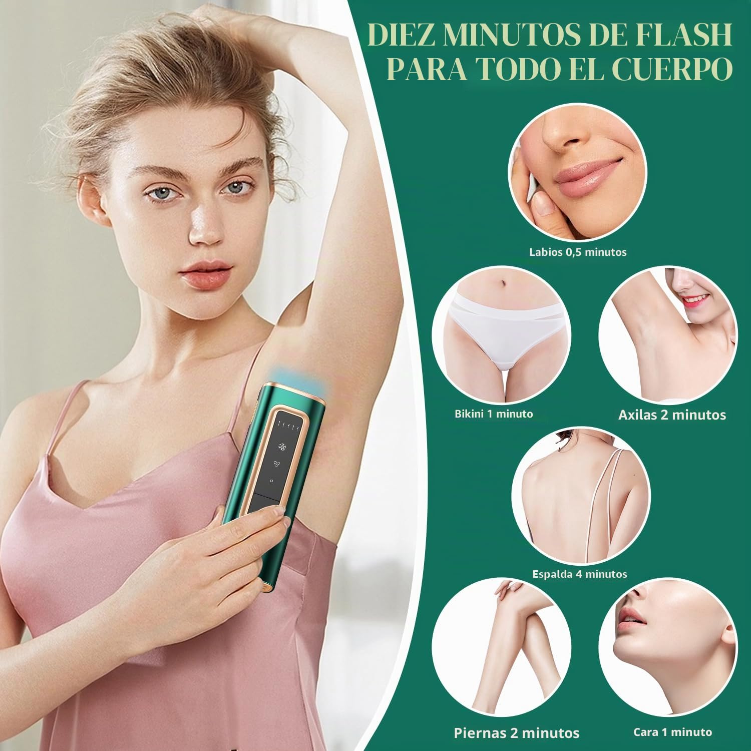 Dispositivo de depilación láser IPL con refrigeración por hielo para mujeres y hombres en casa, flash infinito, depiladora indolora para cara, axilas, brazos, línea de bikini, piernas (verde)