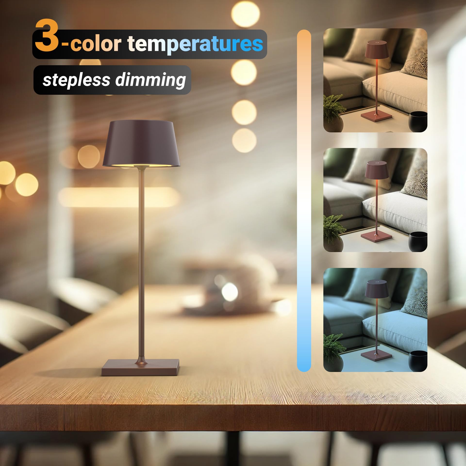 Palmina 842,lampade da tavolo senza fili,lampade da tavolo ricaricabili E Dimmerabile In Alluminio,abat jour senza fili 4400mah,Protezione IP54,luce da tavolo esterno/Interno/Marrone