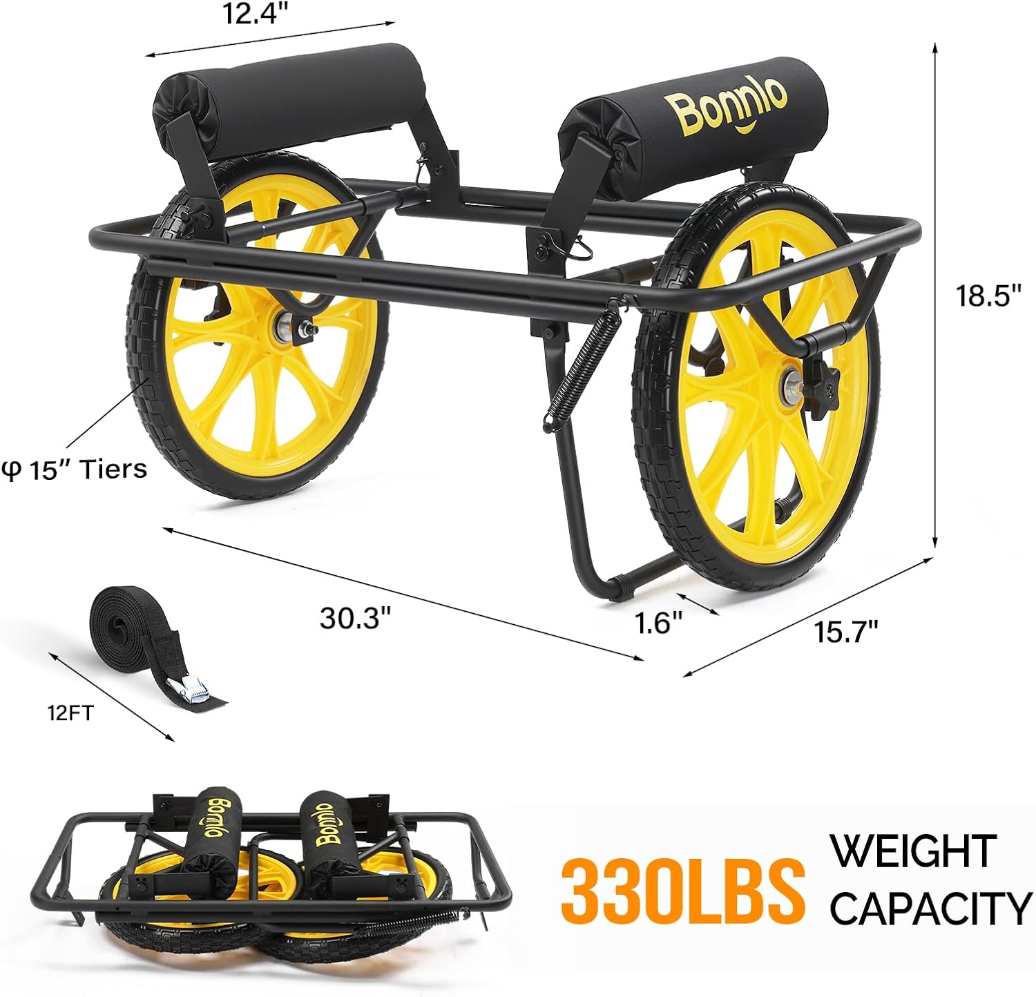 Bonnlo Durable Canoe Cart, All-Terrain Trolley Carrier with 15" Large Kayak Wheels, 330lbs Kayak Cart Dolly with Kickstand, Adjustable 4 Postions (8.66"-19.69") to Fit Kayaks, Canoes, and Small Boats