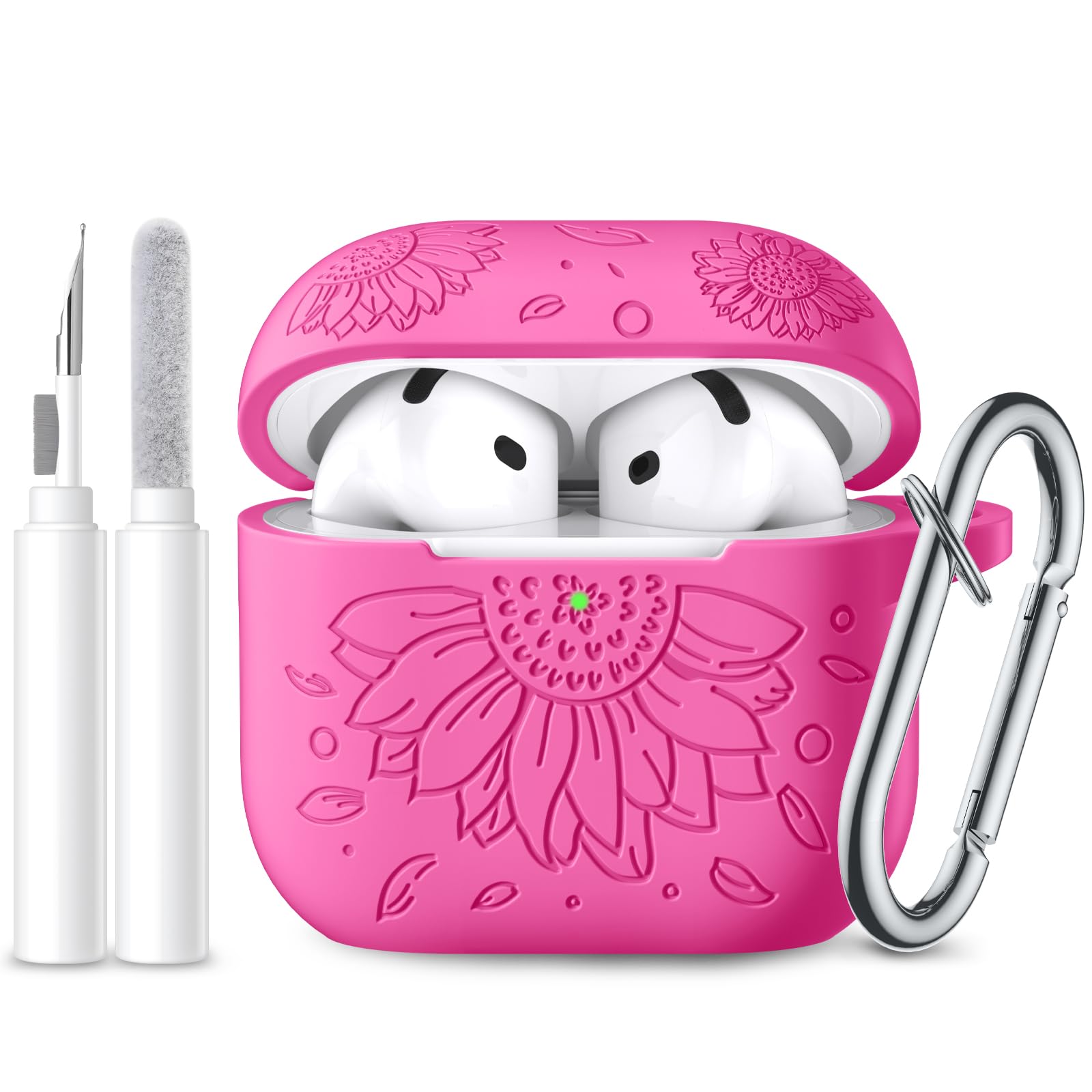 Lerobo for Airpods 4 Case Cover with Cleaner Kit, Cute Floral Engraved Soft Silicone Protective Case with Keychain Compatible with Apple AirPods 4th Gen 2024 for Women,Wireless Charging & LED Visible