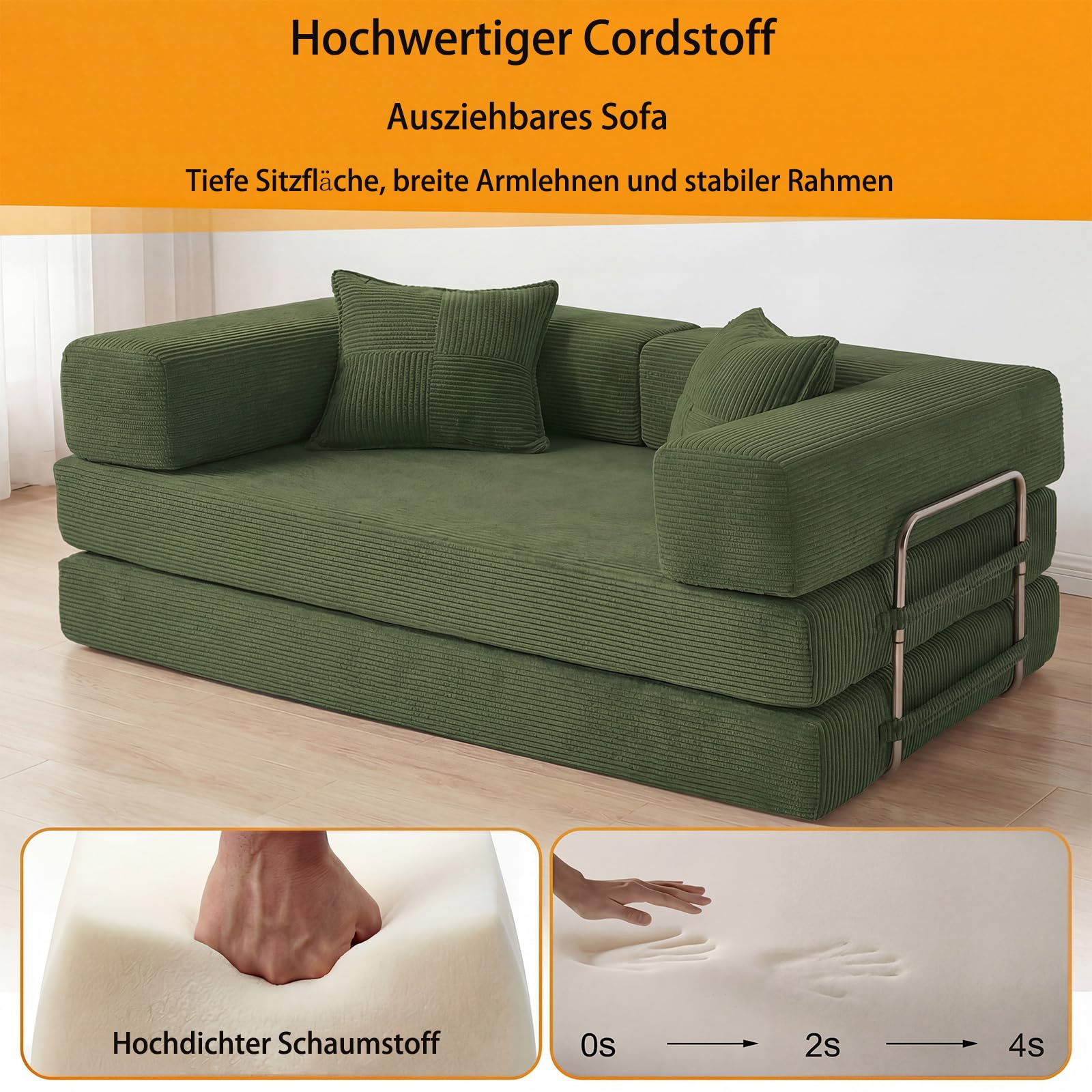Vipbear 200cm Hochwertiges Sofa, aus Langlebig Cord mit Hochdichter Schaumstoff, 5-in-1 Umwandelbares Vielseitig ohne Knochen 3-Sitzer Sofa mit Schlaffunktion für Schlafzimmer, Grün | Umwandelbar