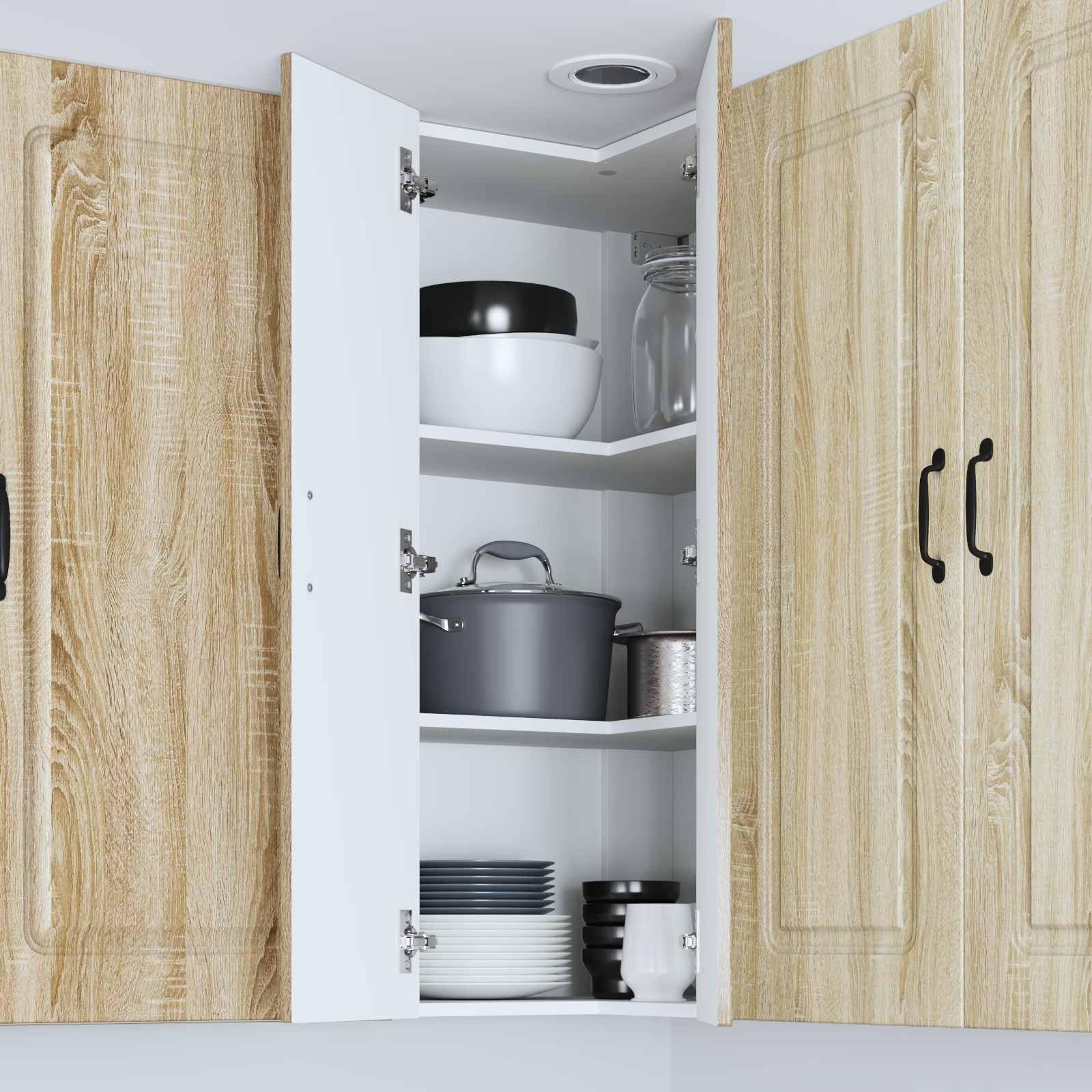 Armario esquinero de pared de madera de roble Kalmar Sonoma, 57 x 57 x 100 cm, 3 estantes, 2 puertas, armario multiusos para despensa, almacenamiento interior