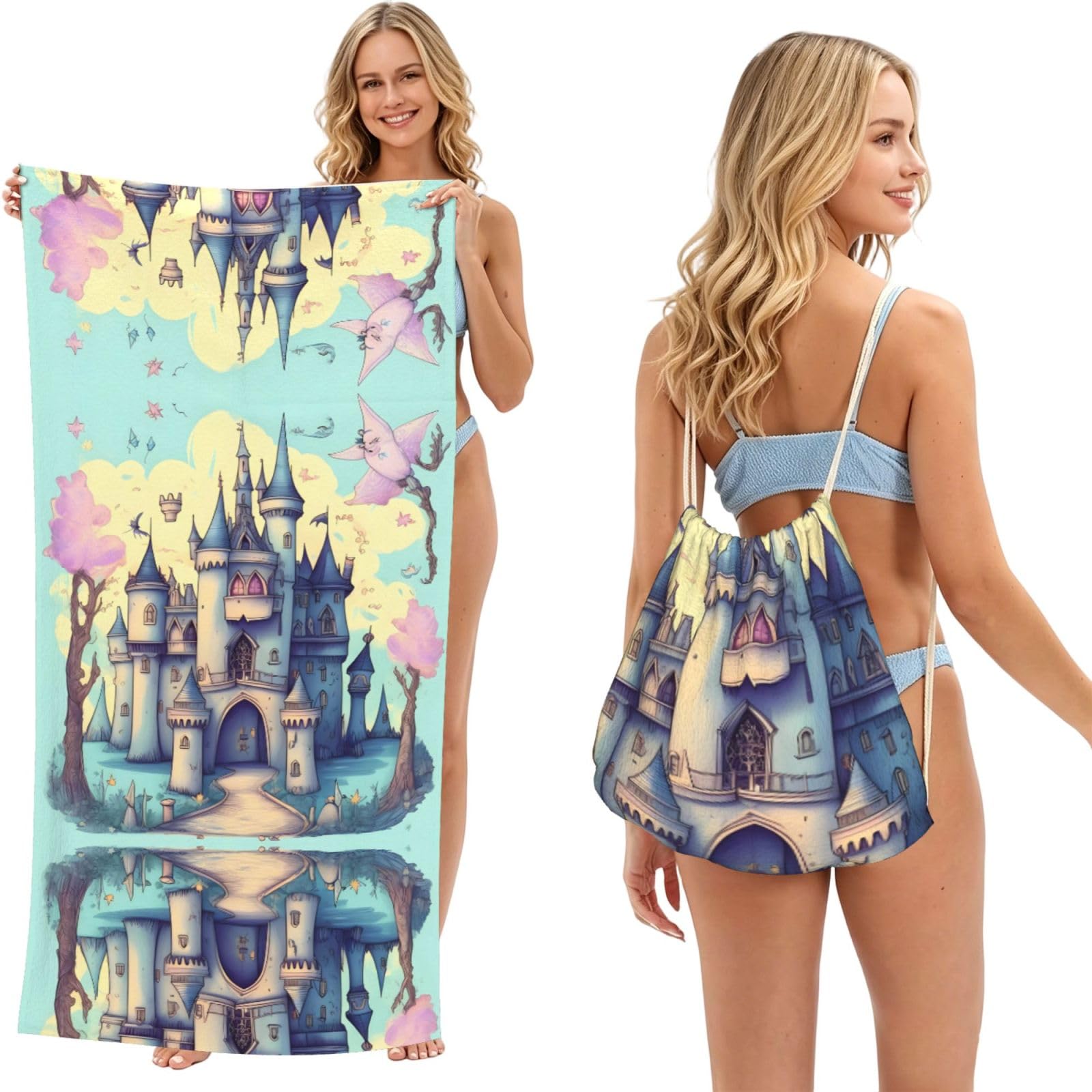 SXZVVBN Fairytale Castle 2-in-1 Beach Towel Bag, Quick Dry Sand Free Travel Towel Backpack for Adults